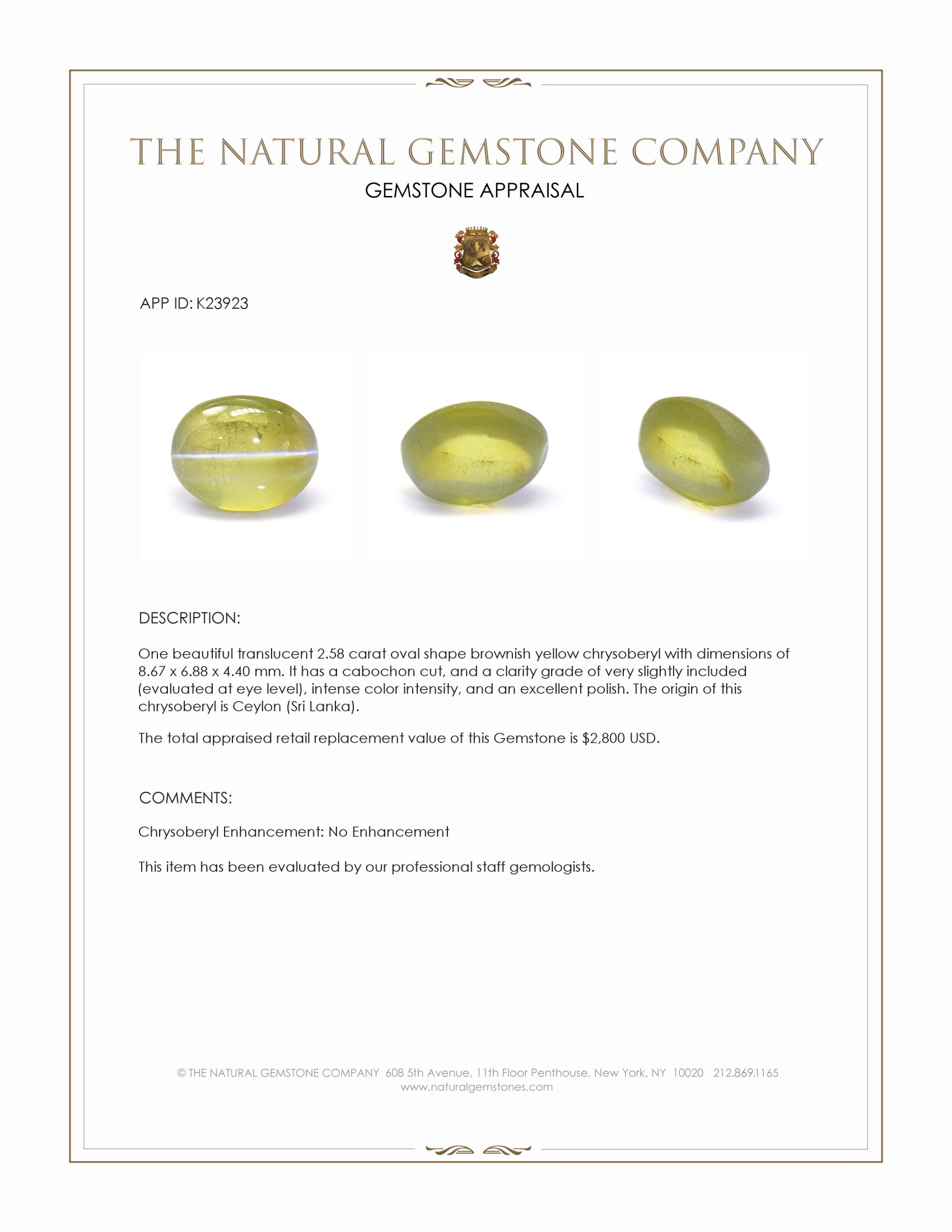 2.58 Ct. Brownish Yellow Cabochon Chrysoberyl from Ceylon (Sri Lanka)