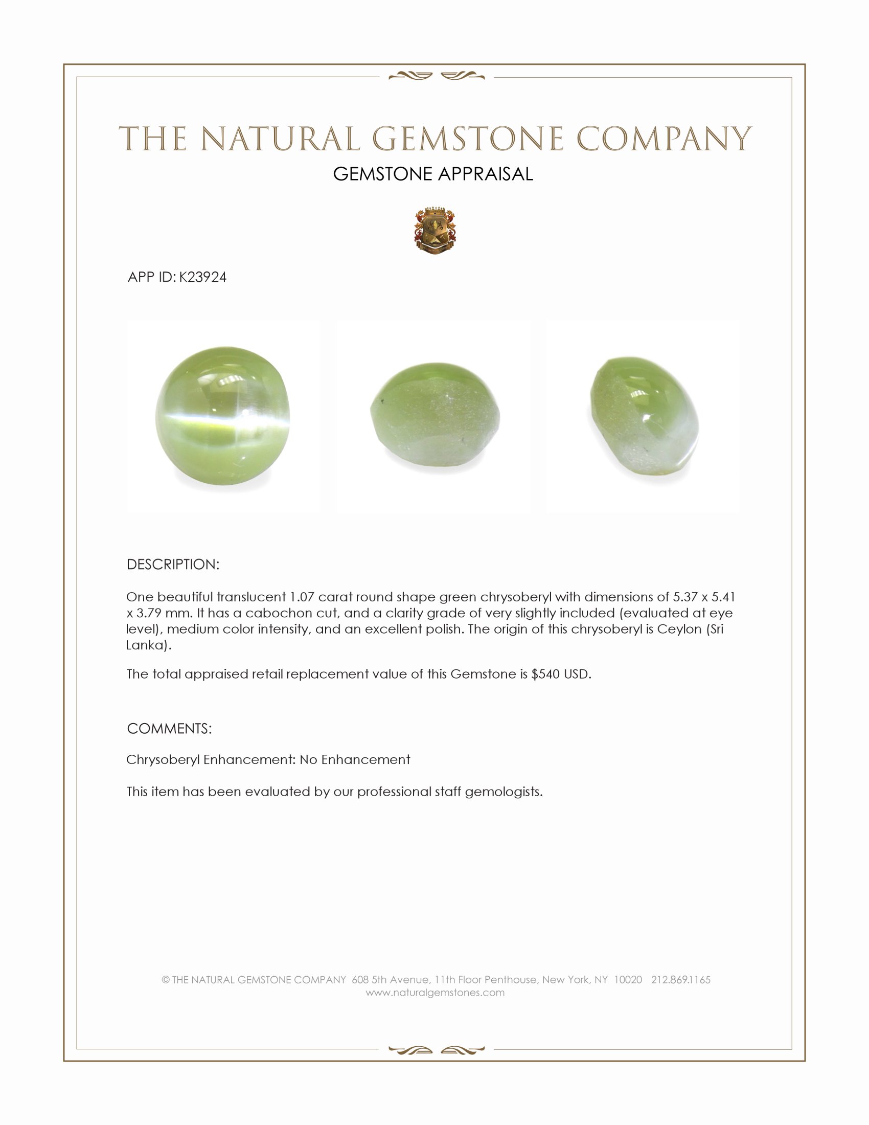 1.07 Ct. Green Cabochon Chrysoberyl from Ceylon (Sri Lanka)