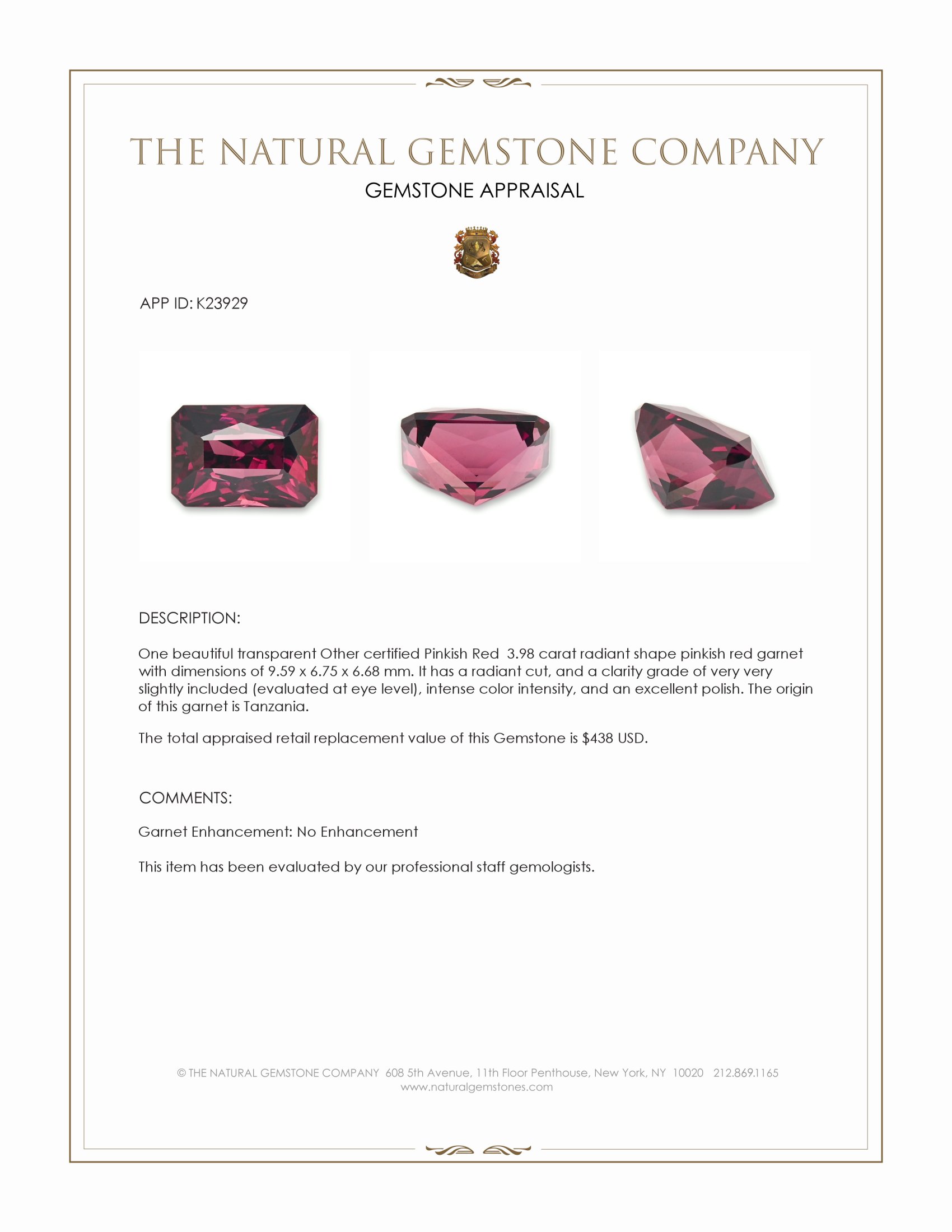 3.98 Ct. Pinkish Red Garnet from Tanzania