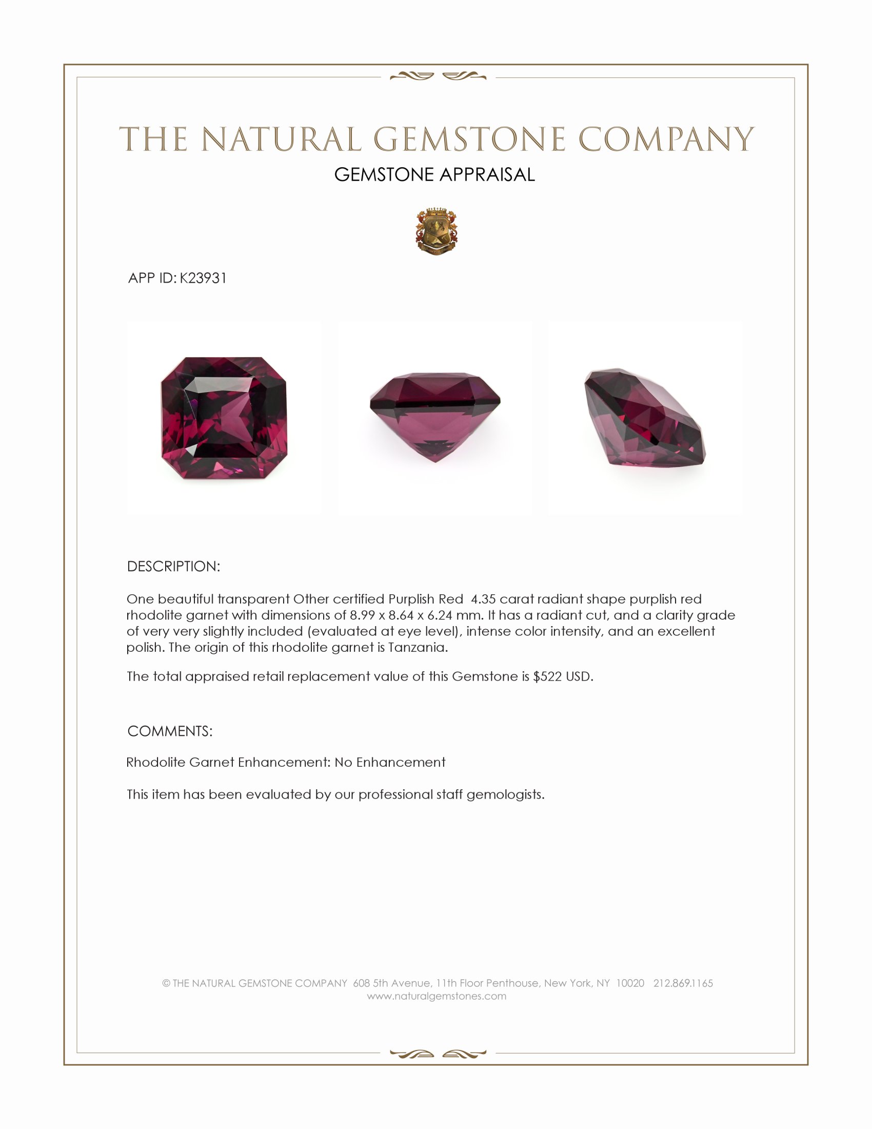 4.35 Ct. Purplish Red Rhodolite Garnet from Tanzania
