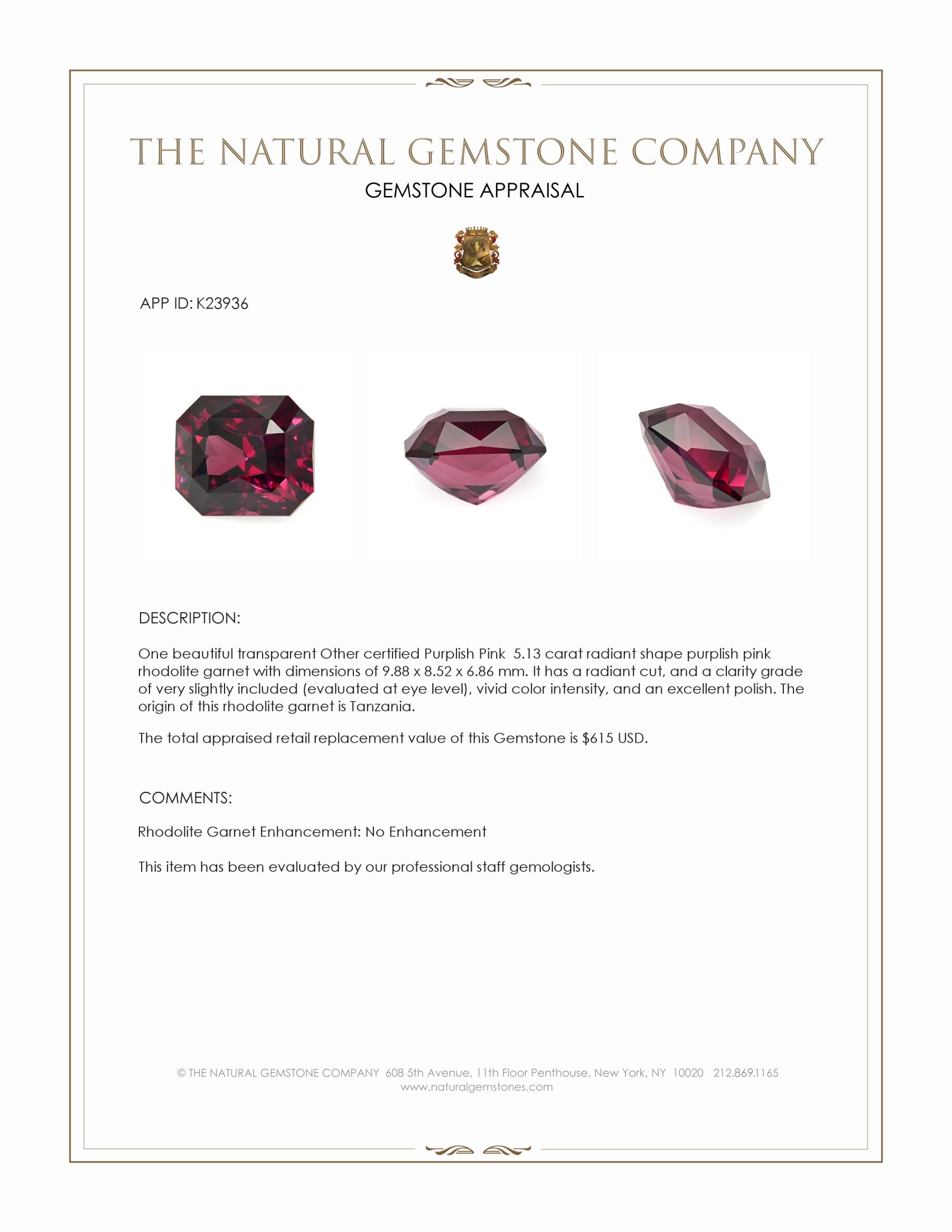 5.13 Ct. Purplish Pink Rhodolite Garnet from Tanzania
