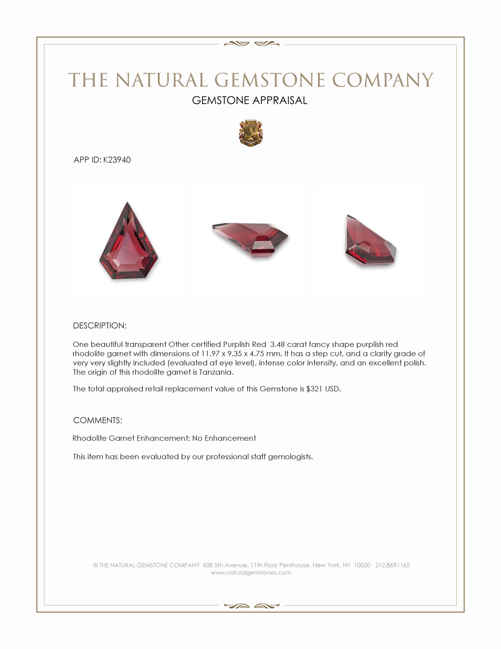 3.48 Ct. Purplish Red Rhodolite Garnet from Tanzania