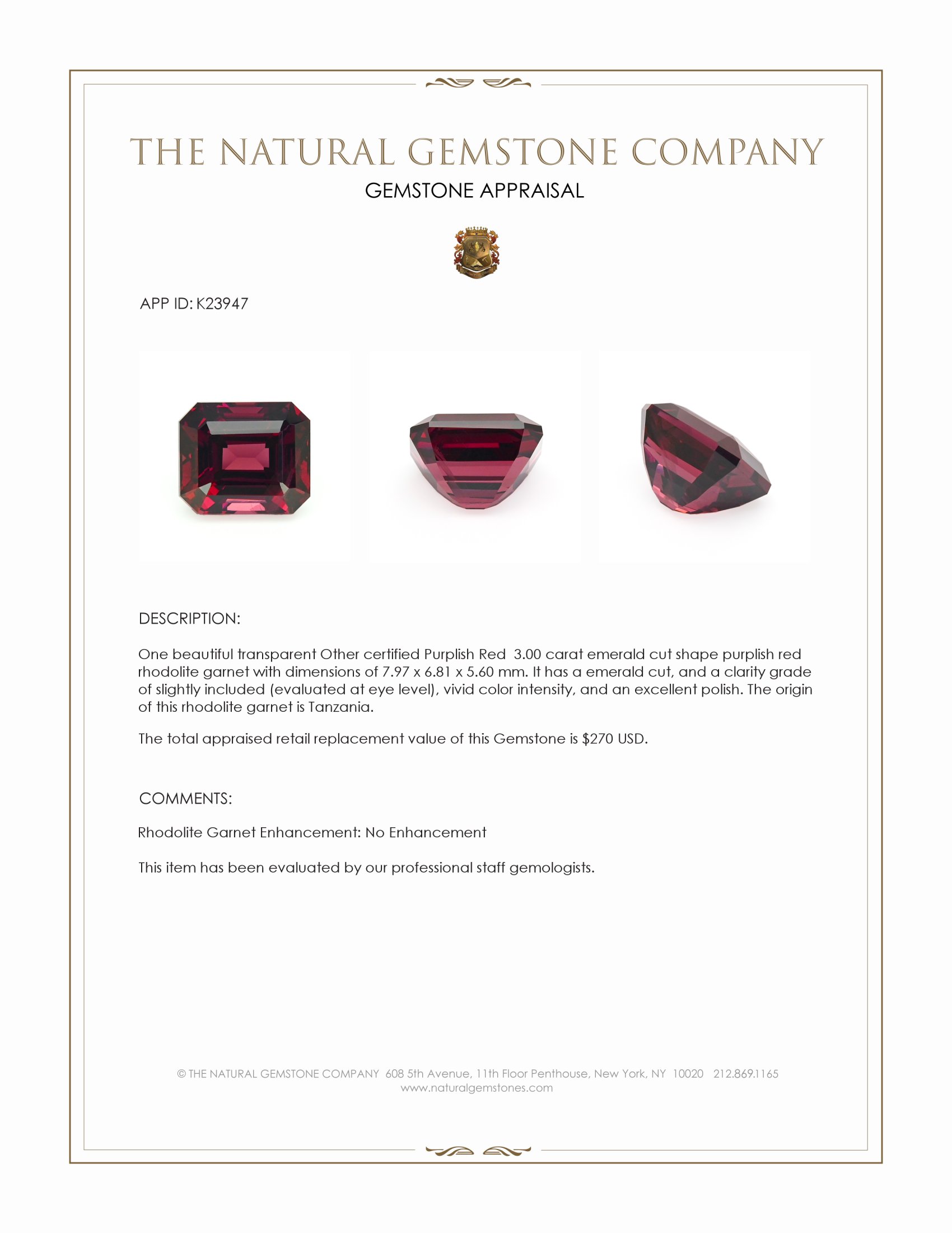 3.00 Ct. Purplish Red Rhodolite Garnet from Tanzania