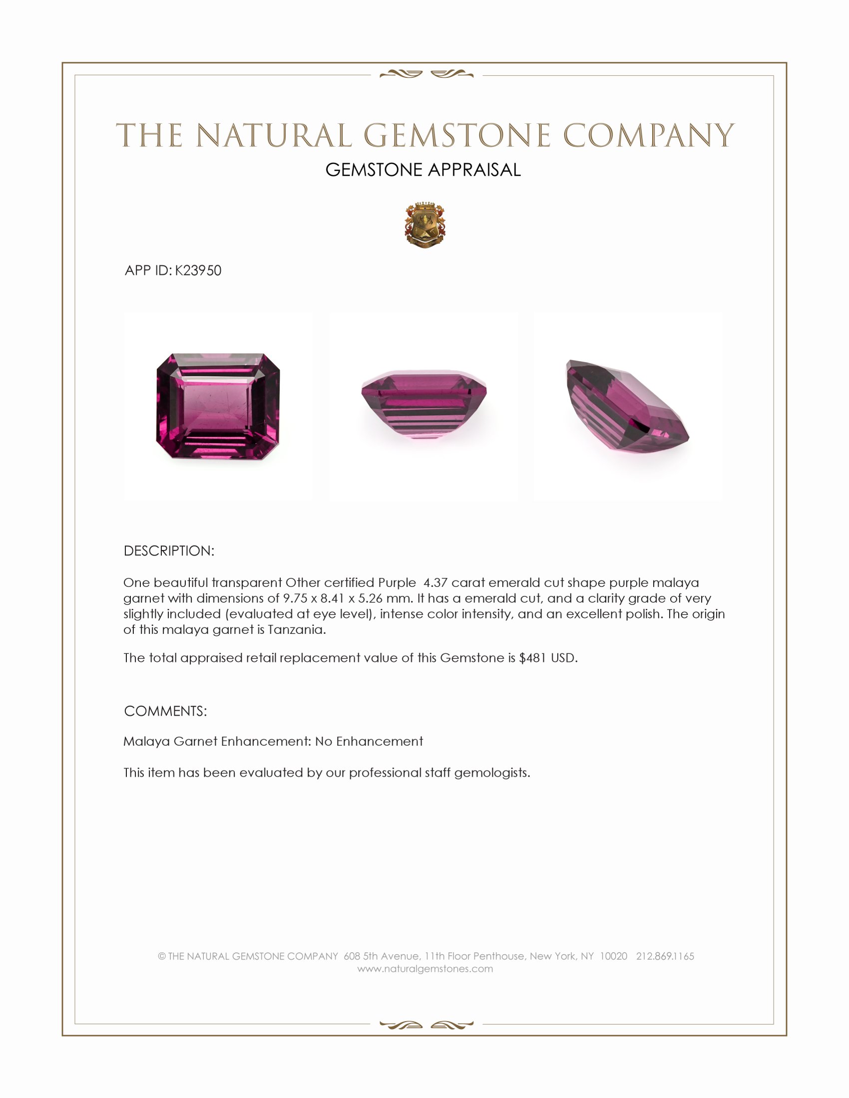 4.37 Ct. Purple Malaya Garnet from Tanzania