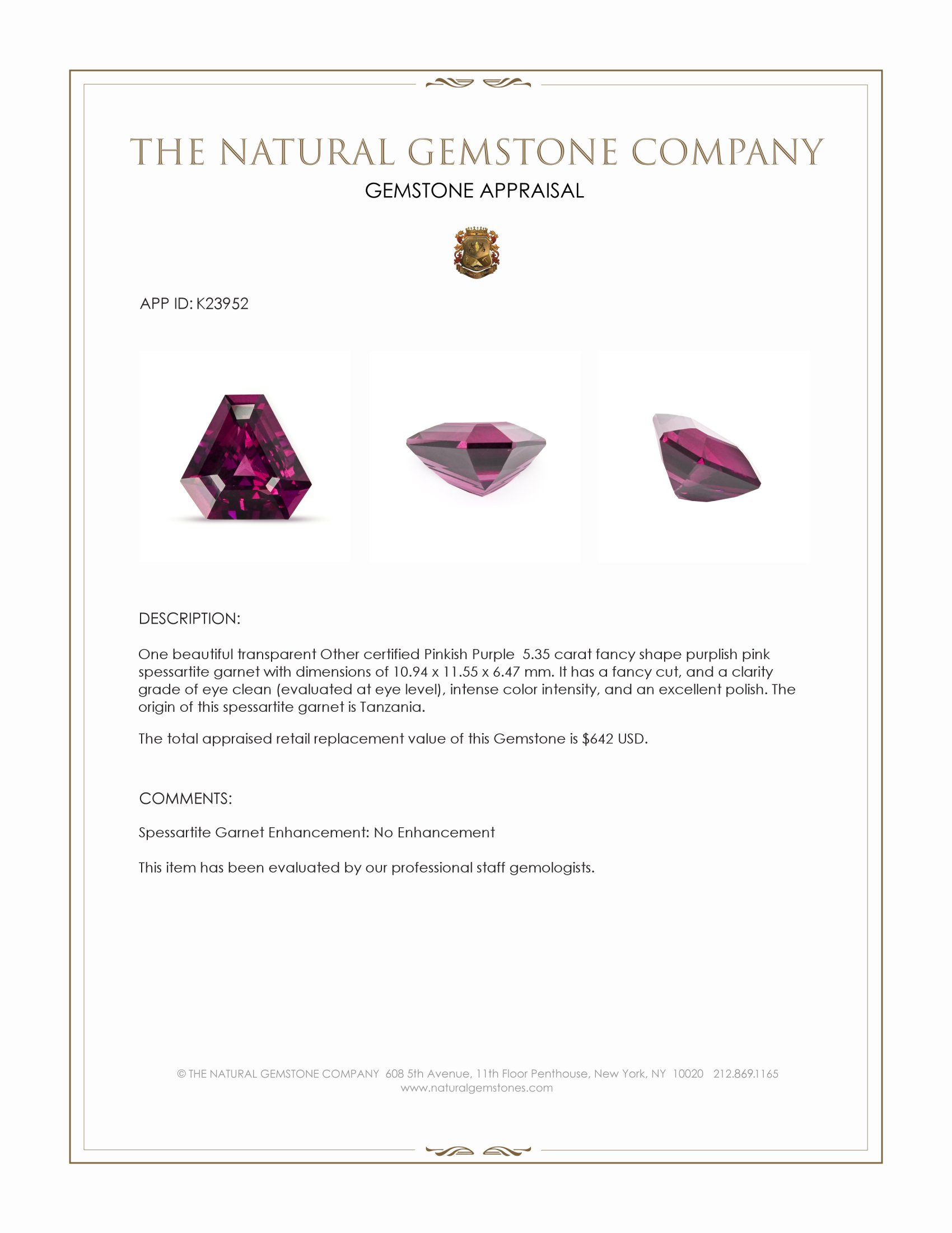 5.35 Ct. Reddish Pink Malaya Garnet from Tanzania