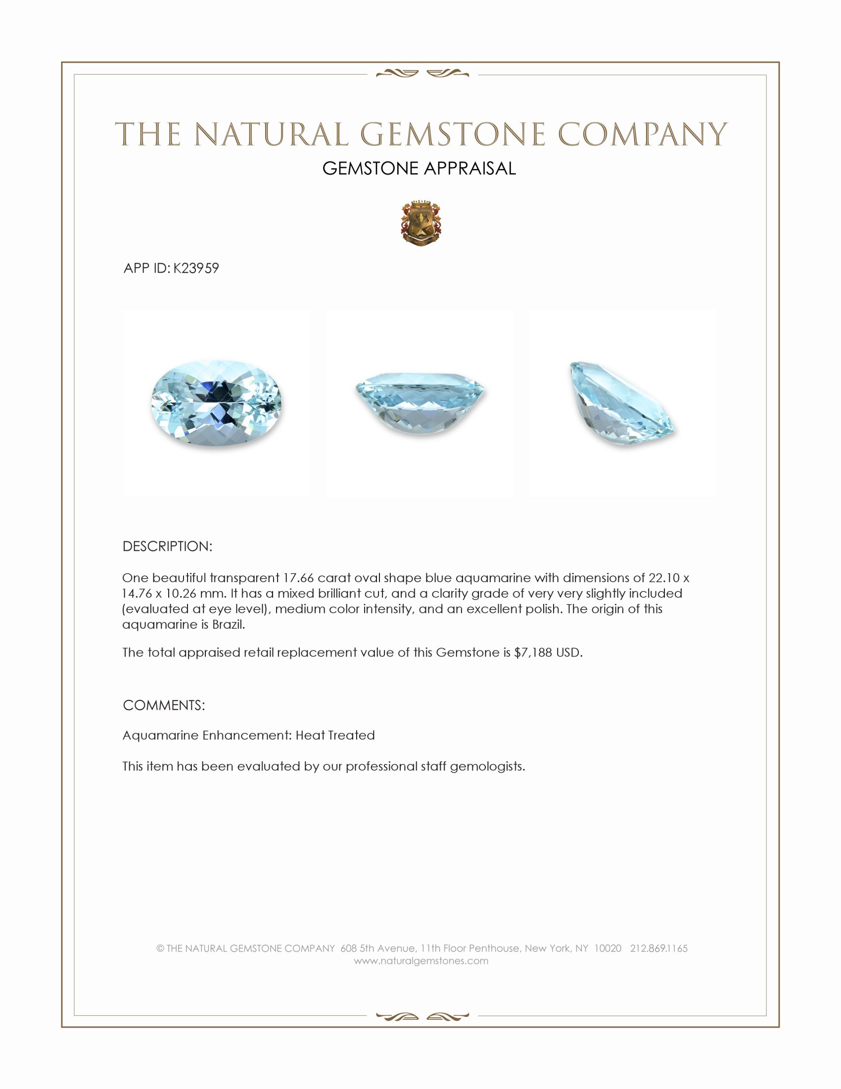 17.66 Ct. Blue Aquamarine from Brazil