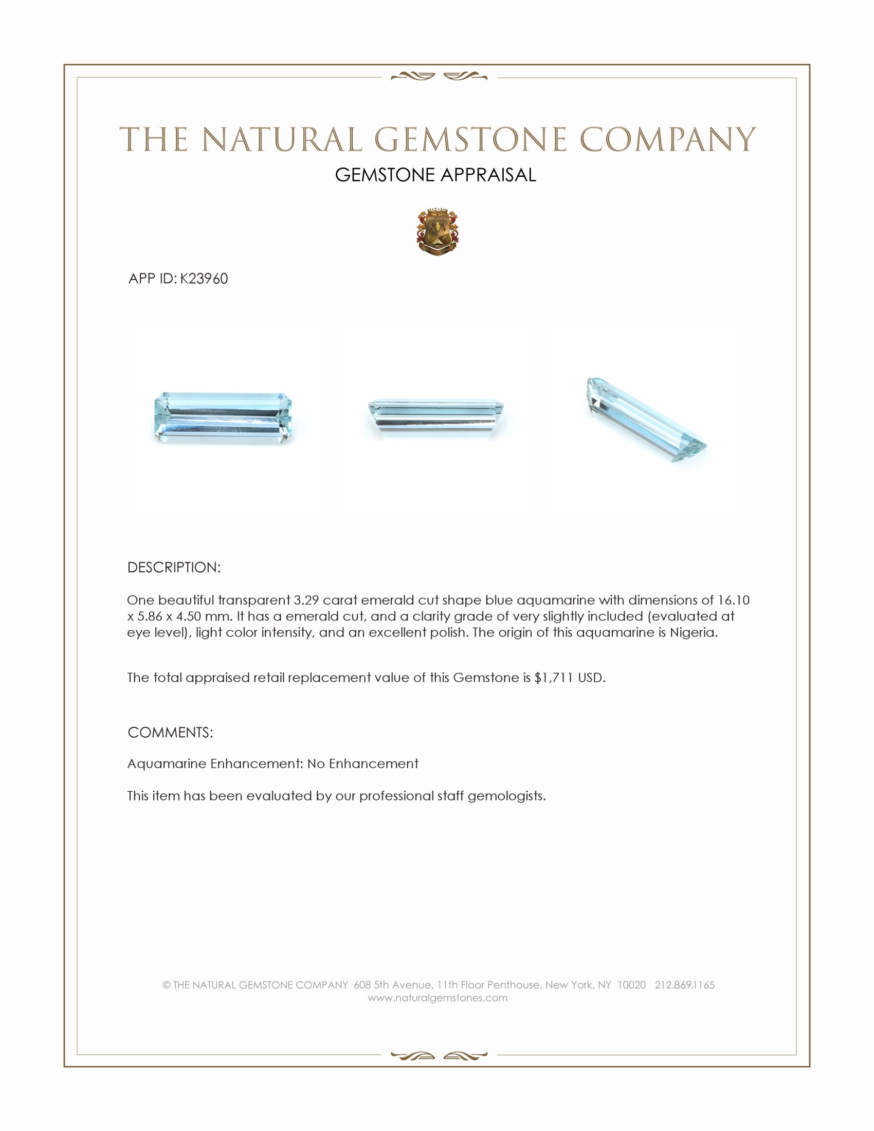 3.29 Ct. Blue Aquamarine from Nigeria