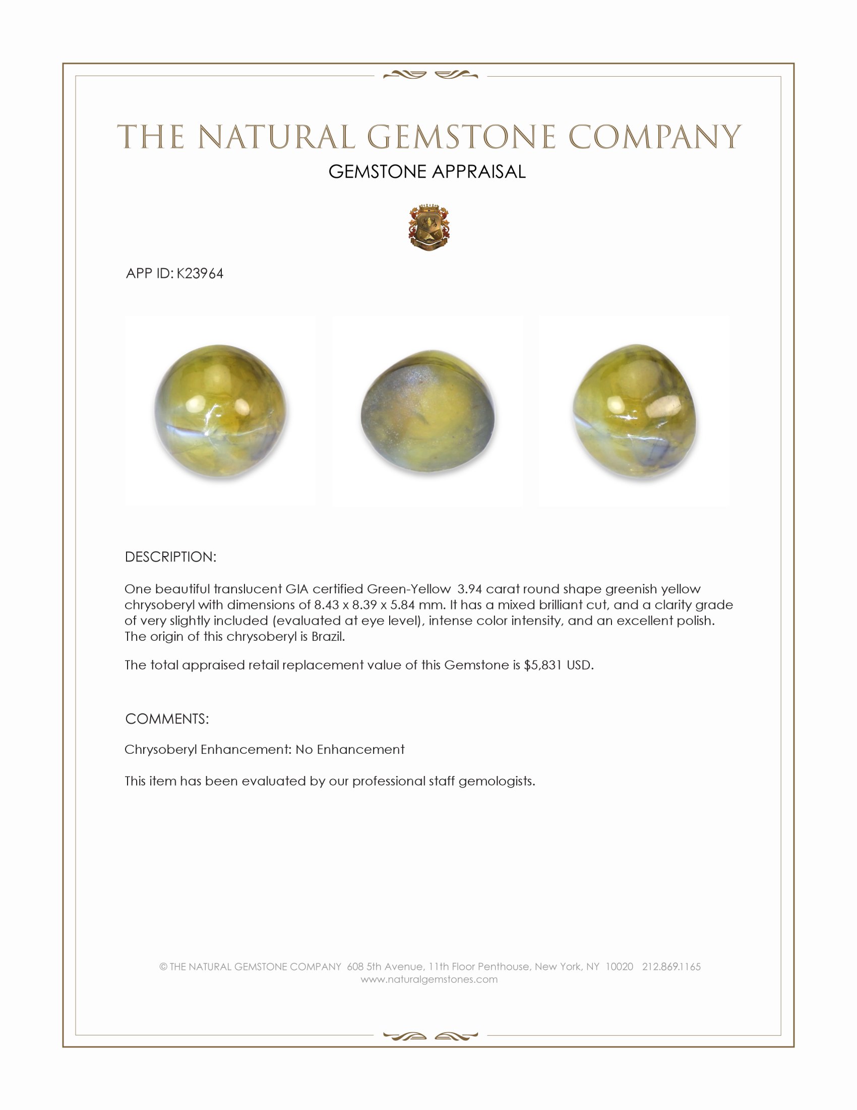 3.94 Ct. Greenish Yellow Cabochon Chrysoberyl from Brazil
