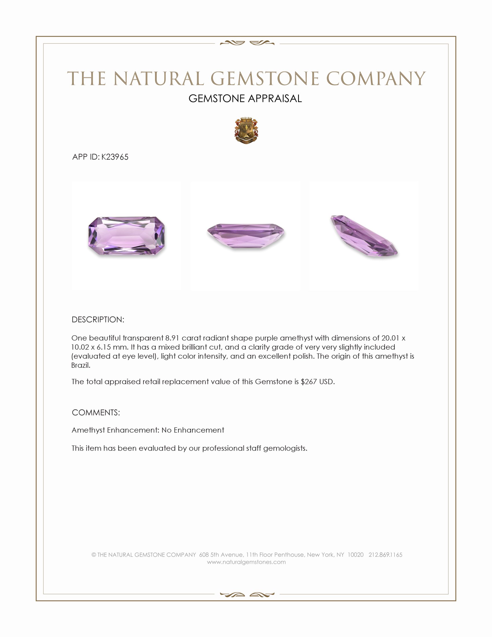 8.91 Ct. Purple Amethyst from Brazil