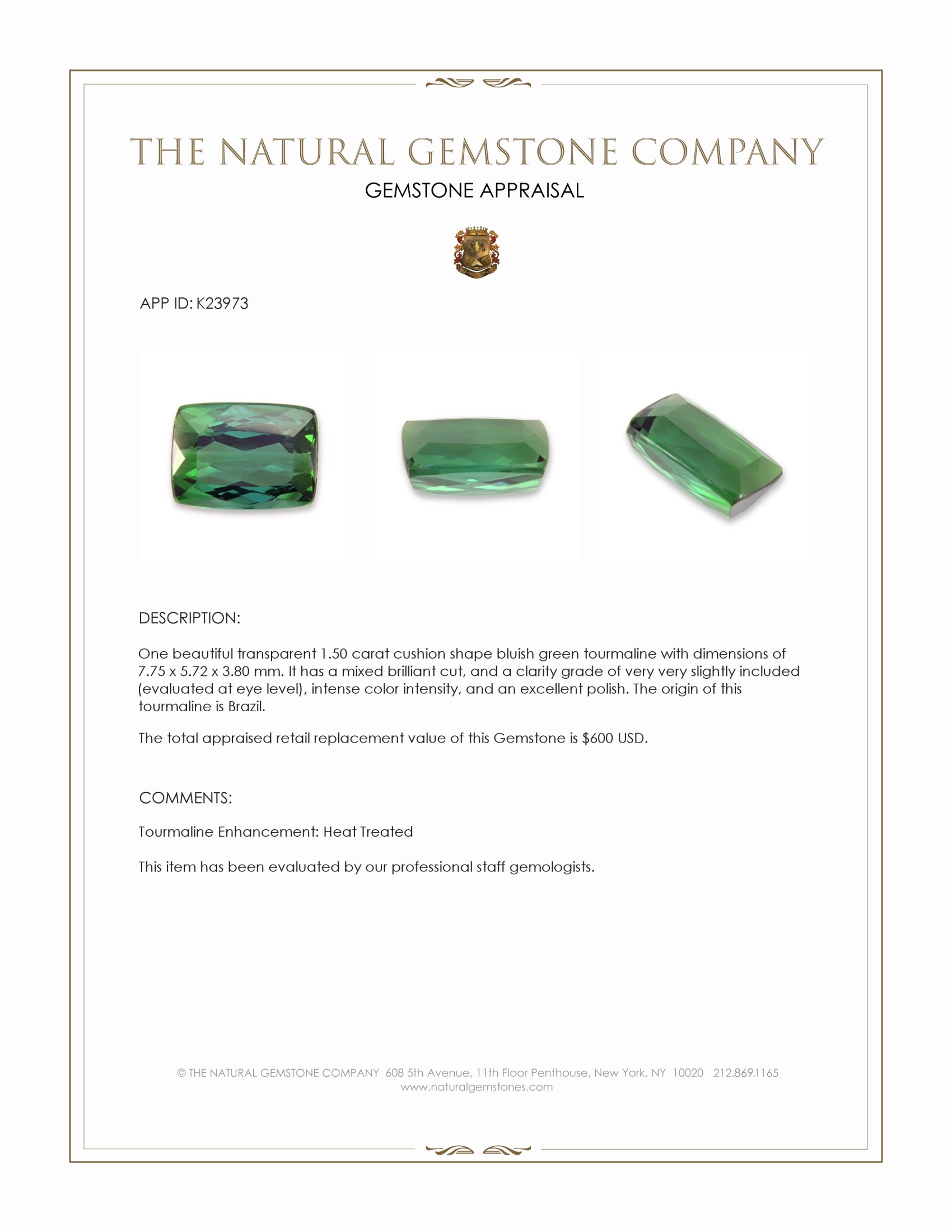 1.50 Ct. Bluish Green Tourmaline from Brazil