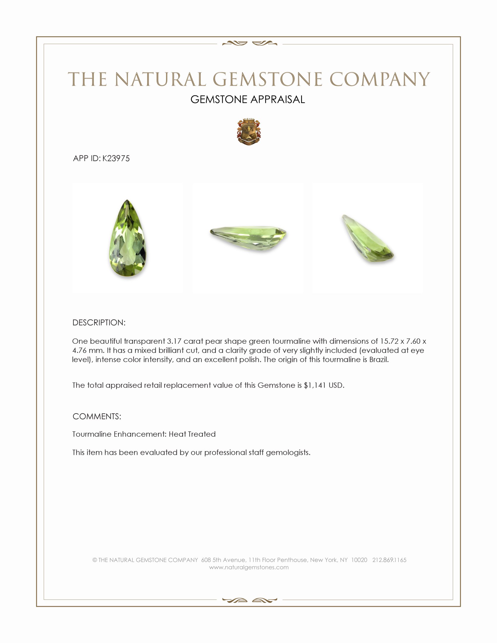 3.17 Ct. Green Tourmaline from Brazil