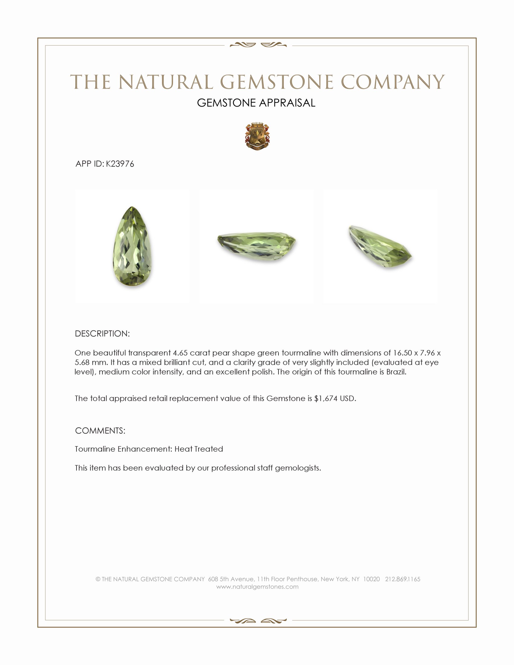 4.65 Ct. Green Tourmaline from Brazil