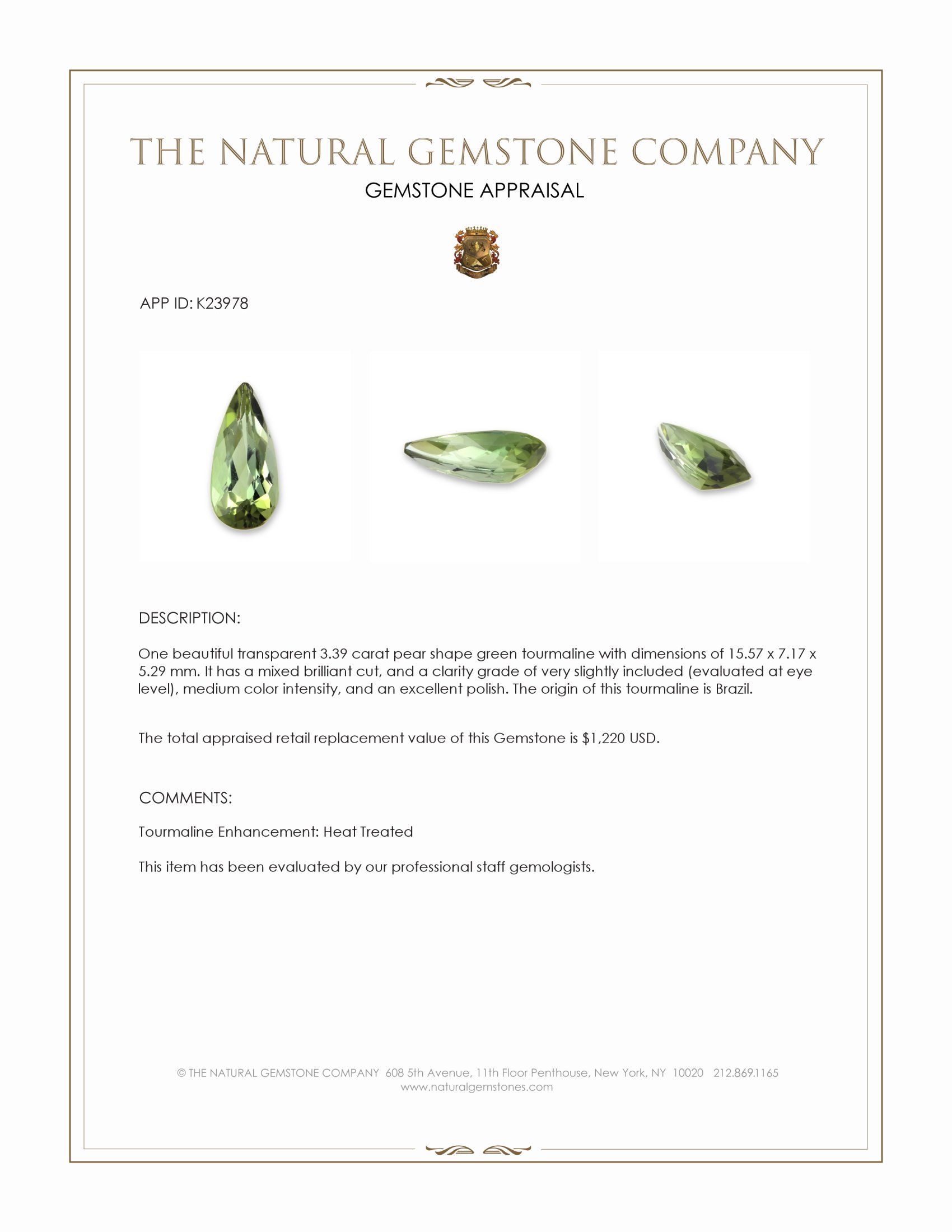 3.39 Ct. Green Tourmaline from Brazil