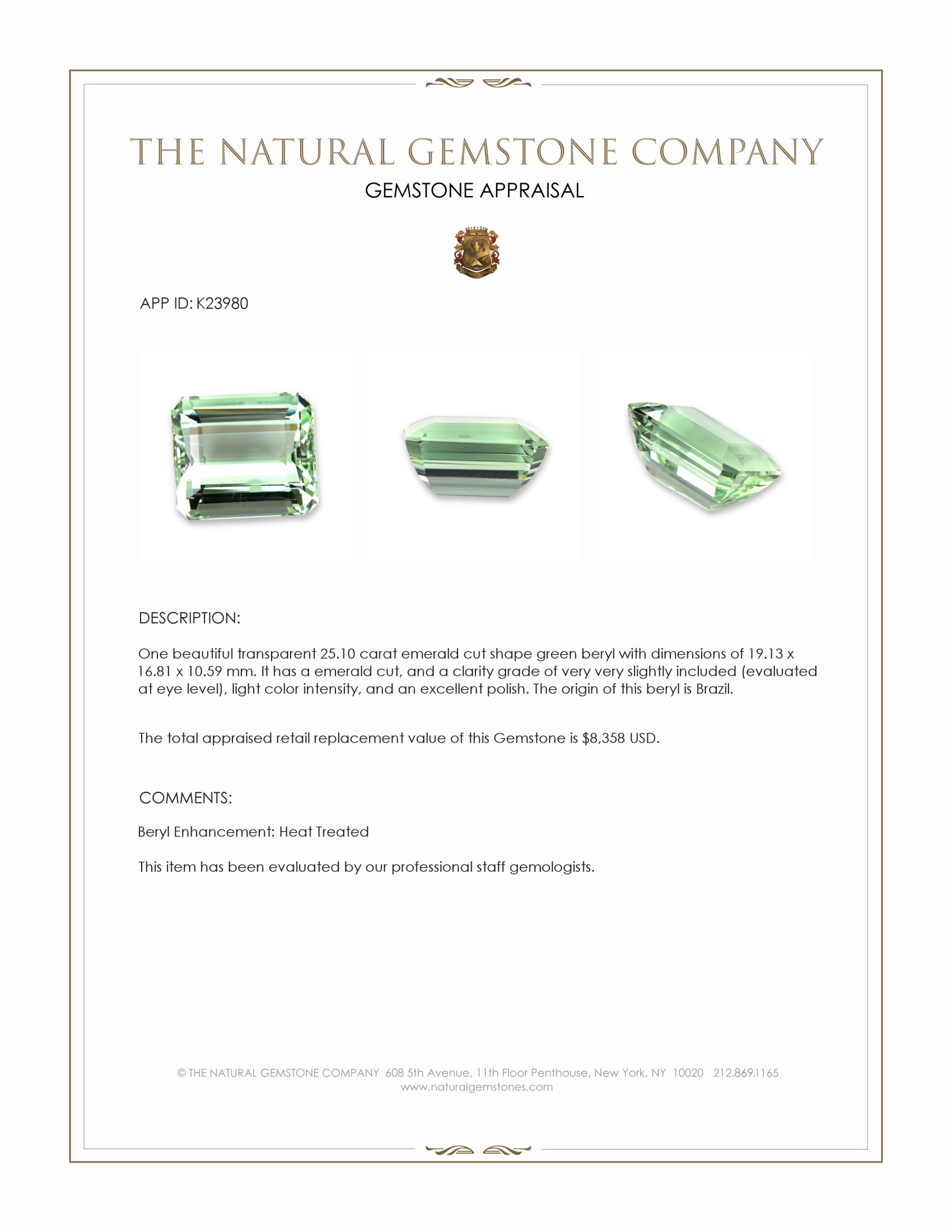25.10 Ct. Green Beryl from Brazil