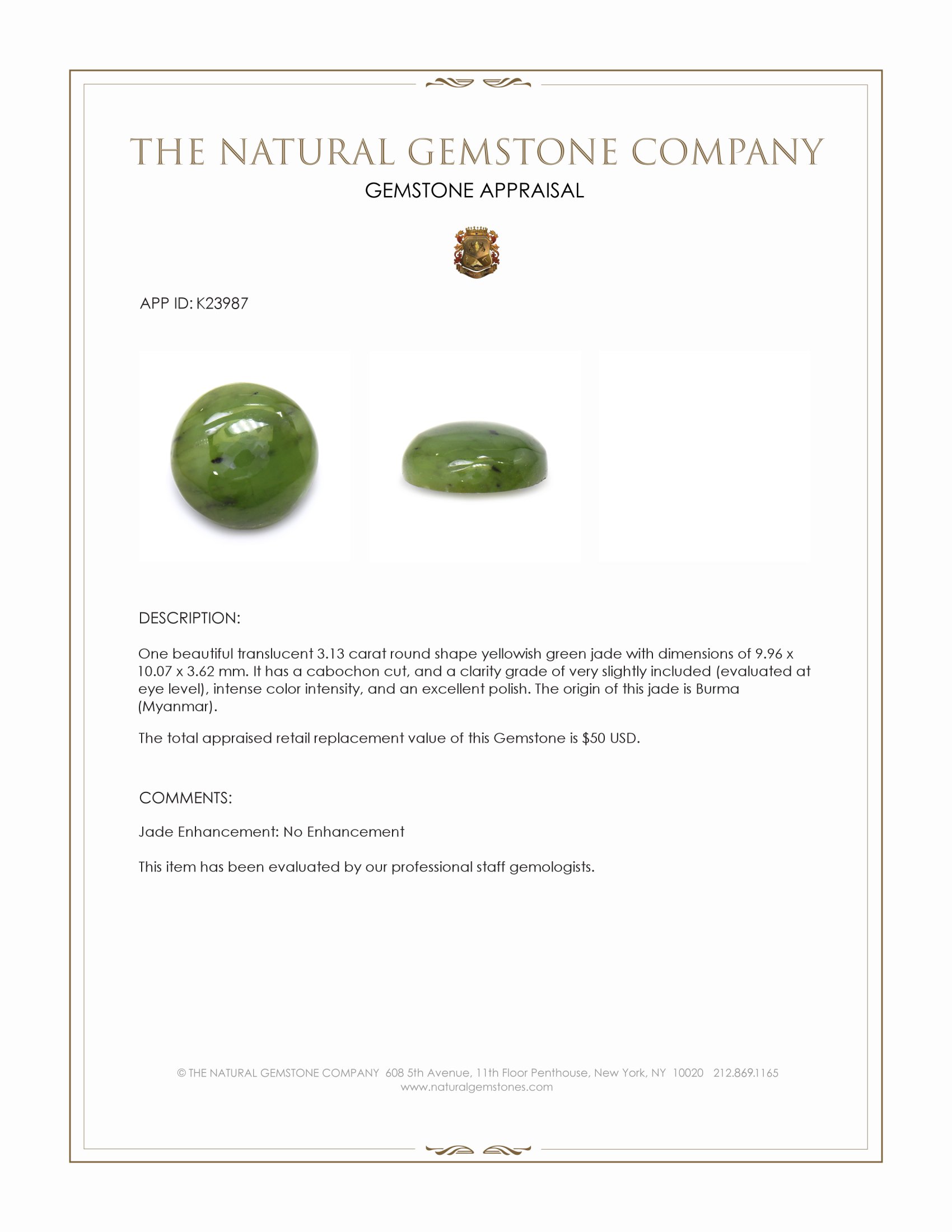 3.13 Ct. Yellowish Green Cabochon Jade from Burma (Myanmar)