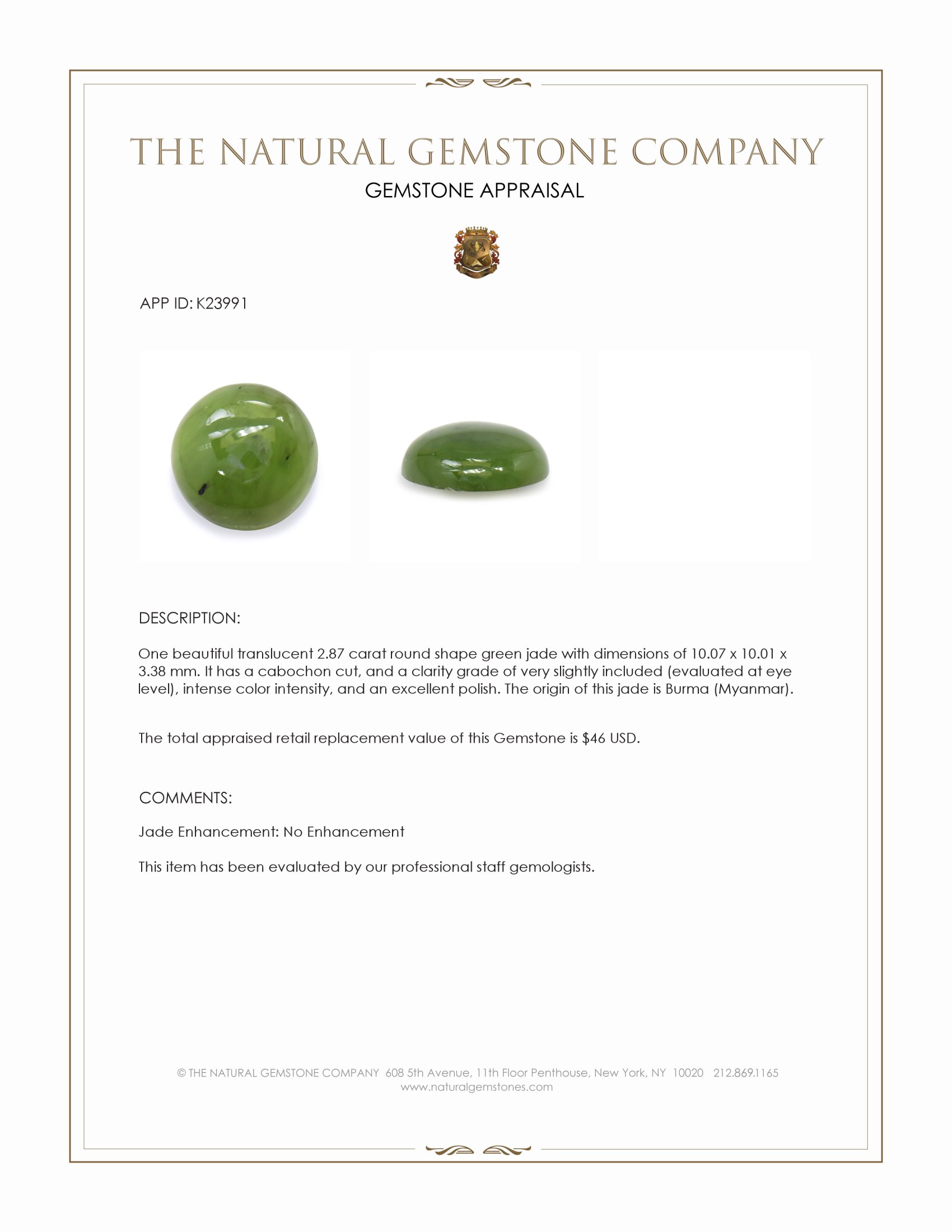 2.87 Ct. Green Cabochon Jade from Burma (Myanmar)