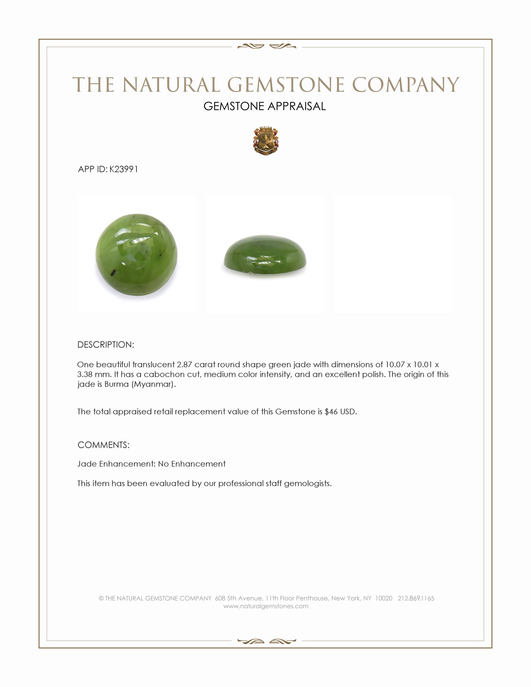 2.87 Ct. Green Cabochon Jade from Burma (Myanmar)