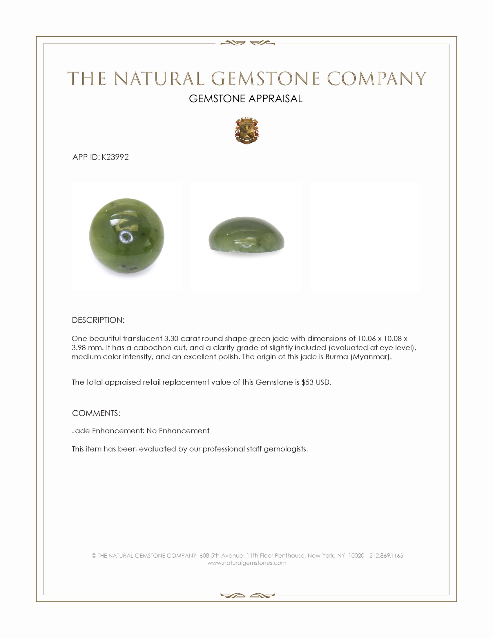 3.30 Ct. Green Cabochon Jade from Burma (Myanmar)