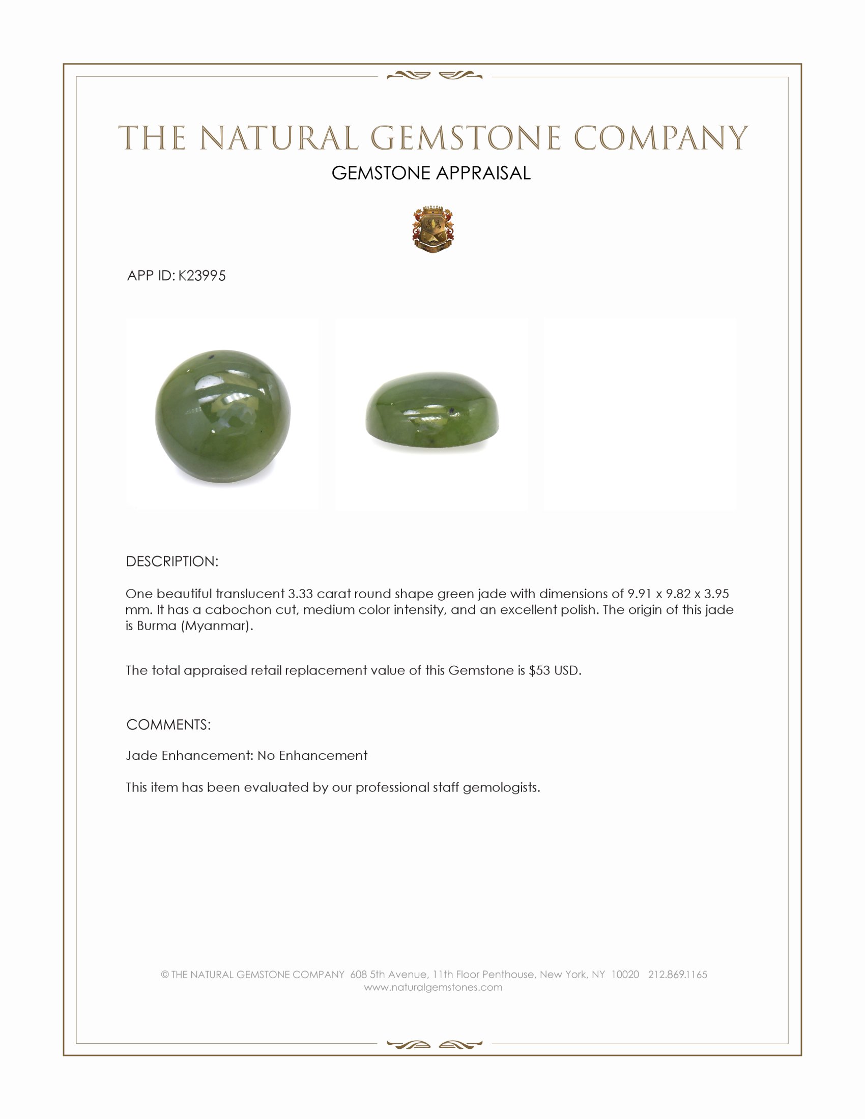 3.33 Ct. Green Cabochon Jade from Burma (Myanmar)
