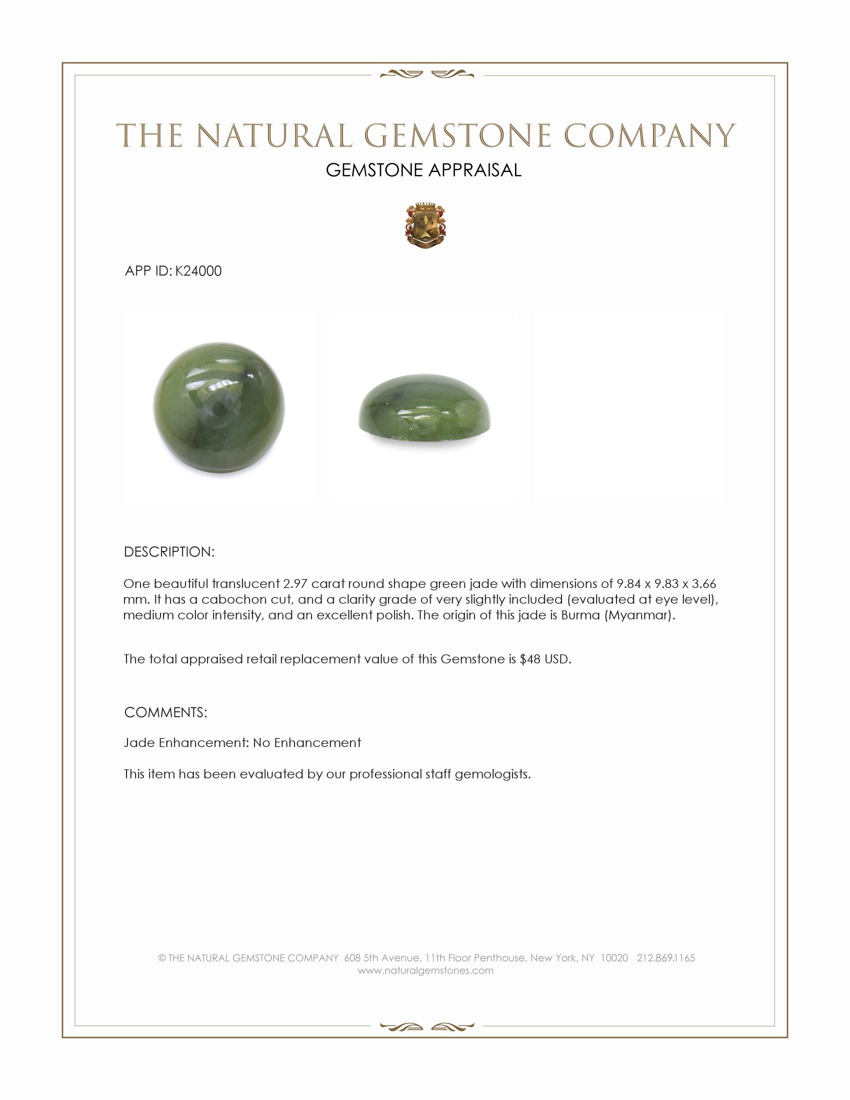 2.97 Ct. Green Cabochon Jade from Burma (Myanmar)