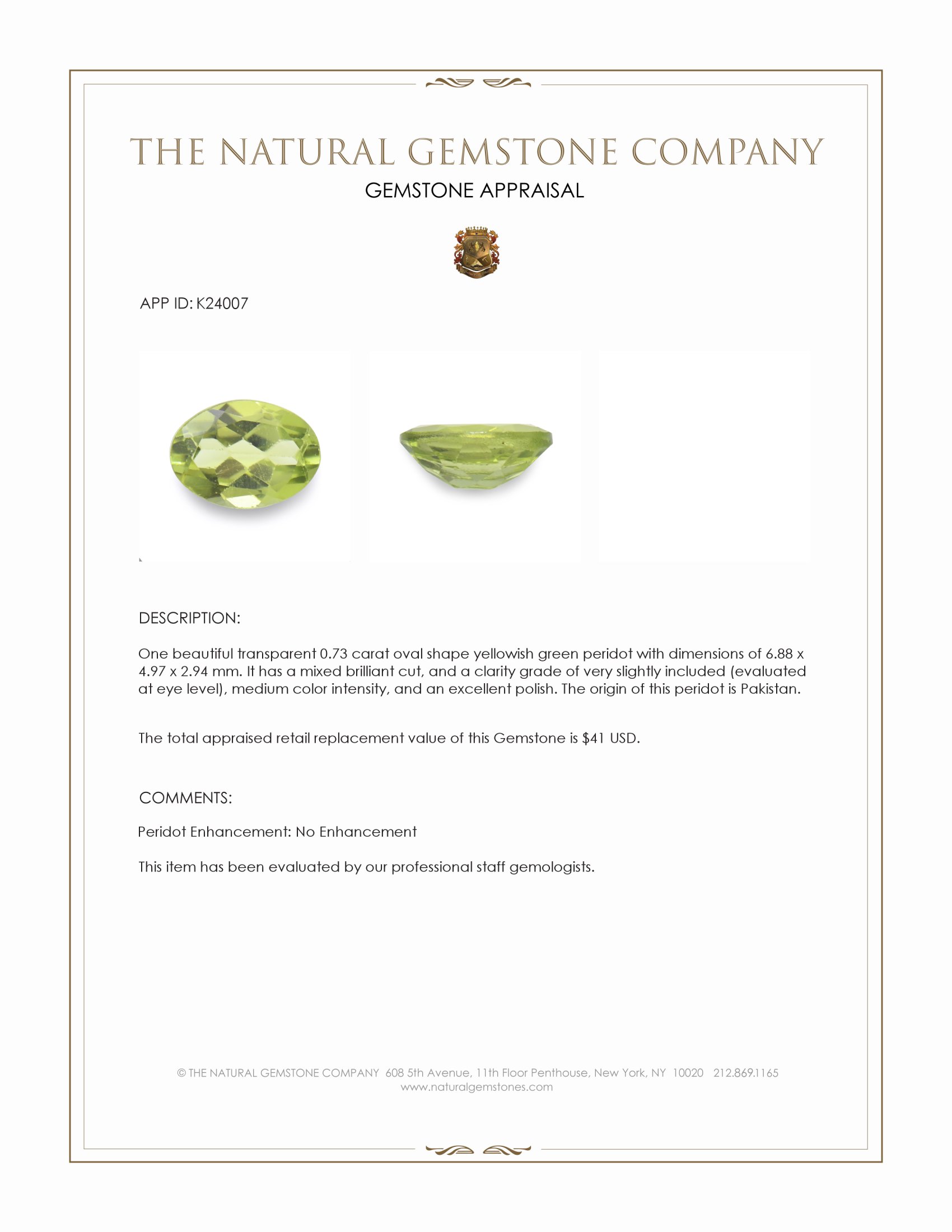 0.73 Ct. Yellowish Green Peridot from Pakistan