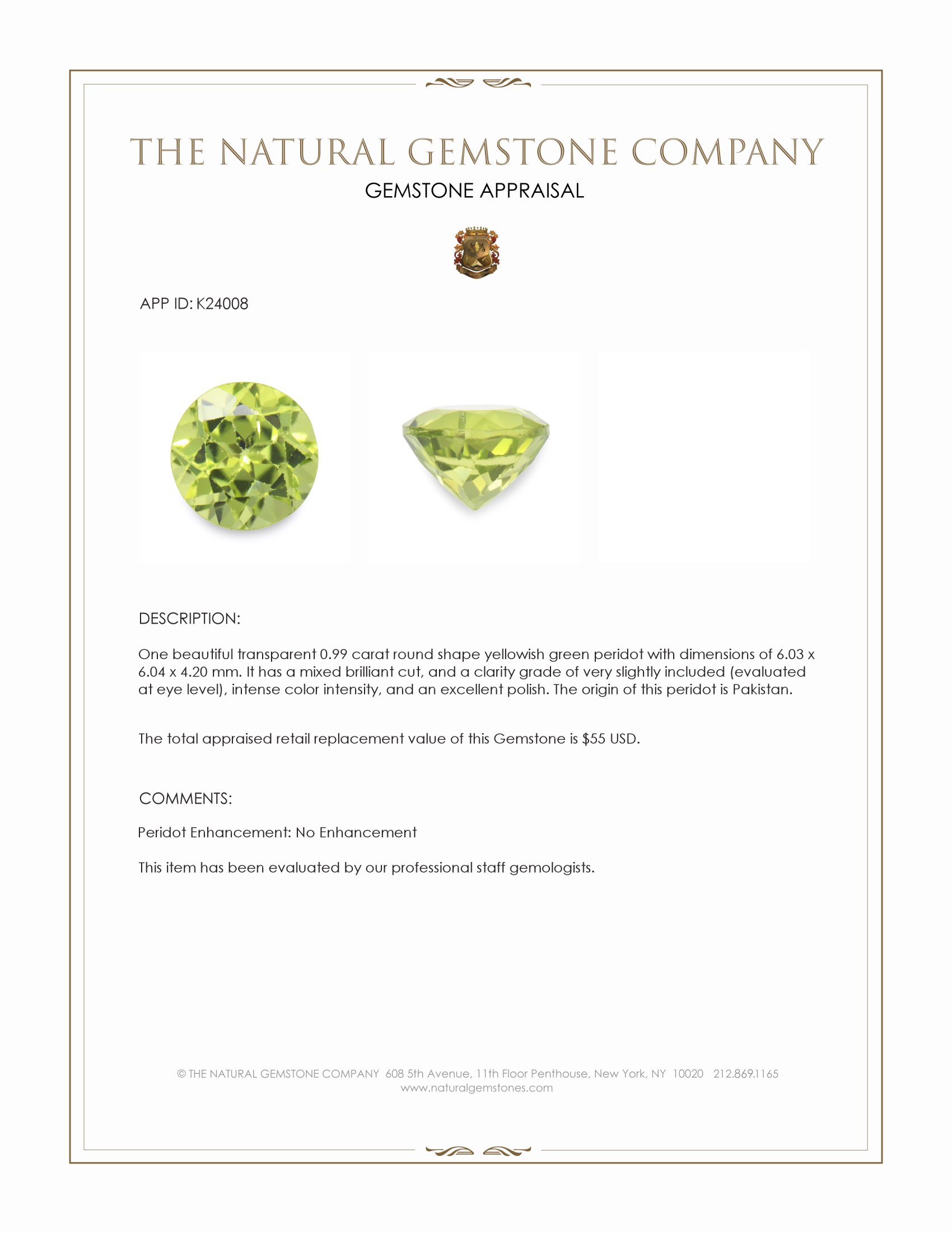 0.99 Ct. Yellowish Green Peridot from Pakistan