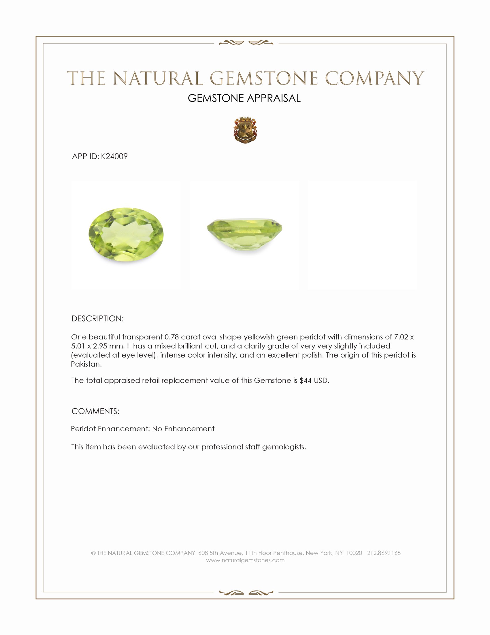 0.78 Ct. Yellowish Green Peridot from Pakistan