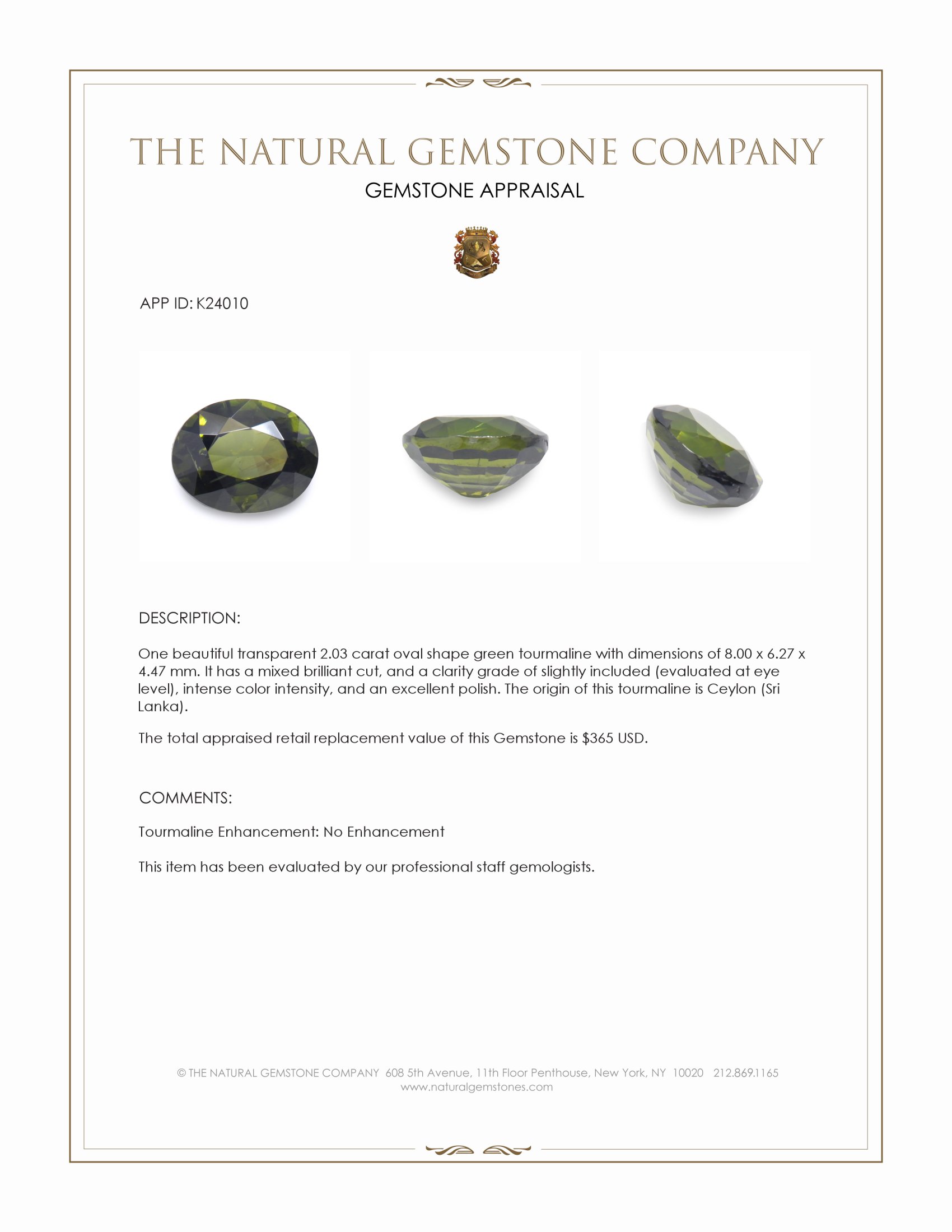 2.03 Ct. Green Tourmaline from Ceylon (Sri Lanka)