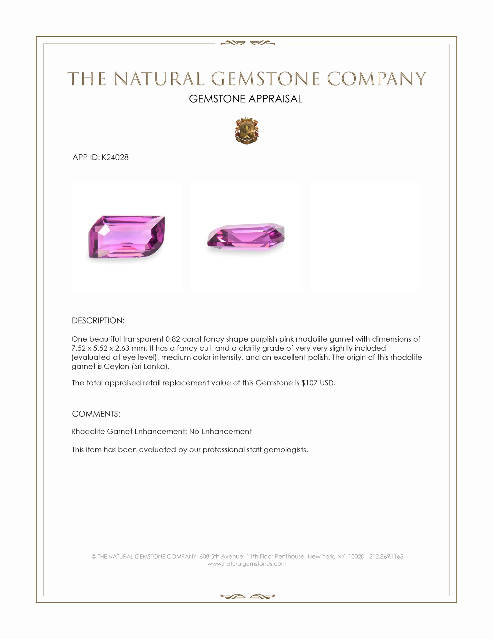 0.82 Ct. Purplish Pink Rhodolite Garnet from Ceylon (Sri Lanka)