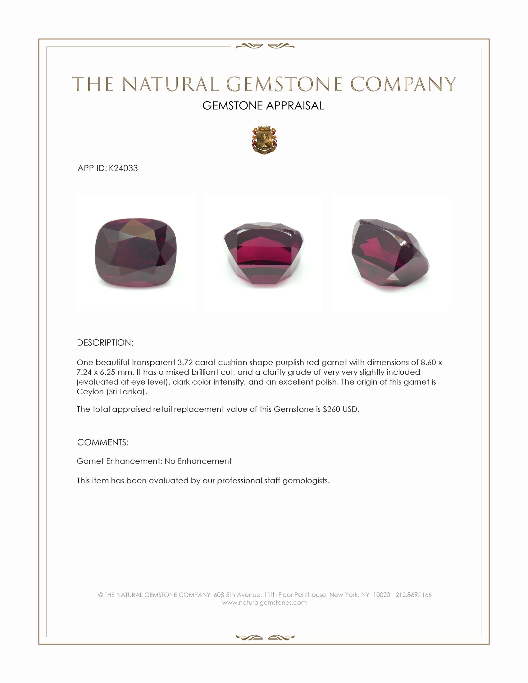 3.72 Ct. Purplish Red Garnet from Ceylon (Sri Lanka)
