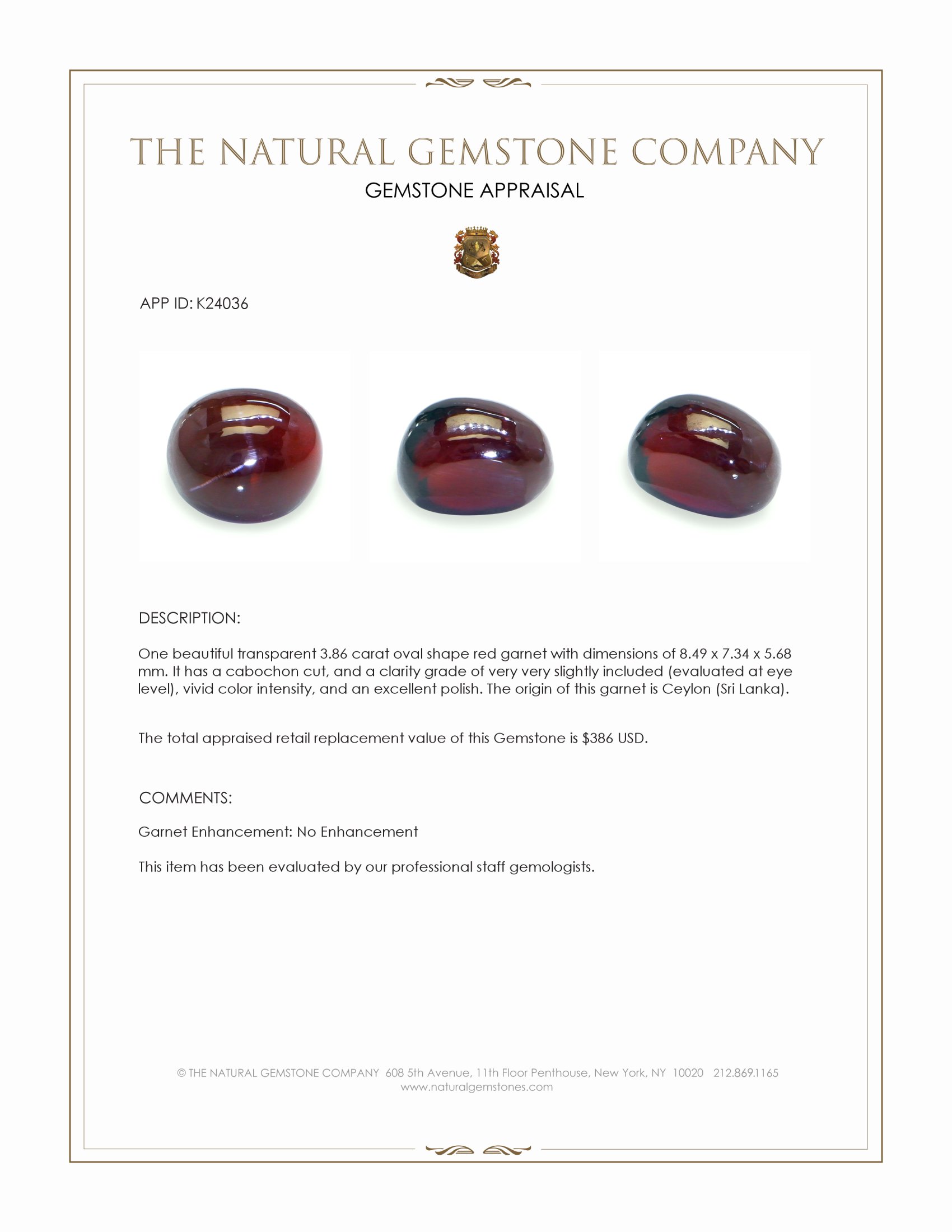 3.86 Ct. Red Cabochon Garnet from Ceylon (Sri Lanka)