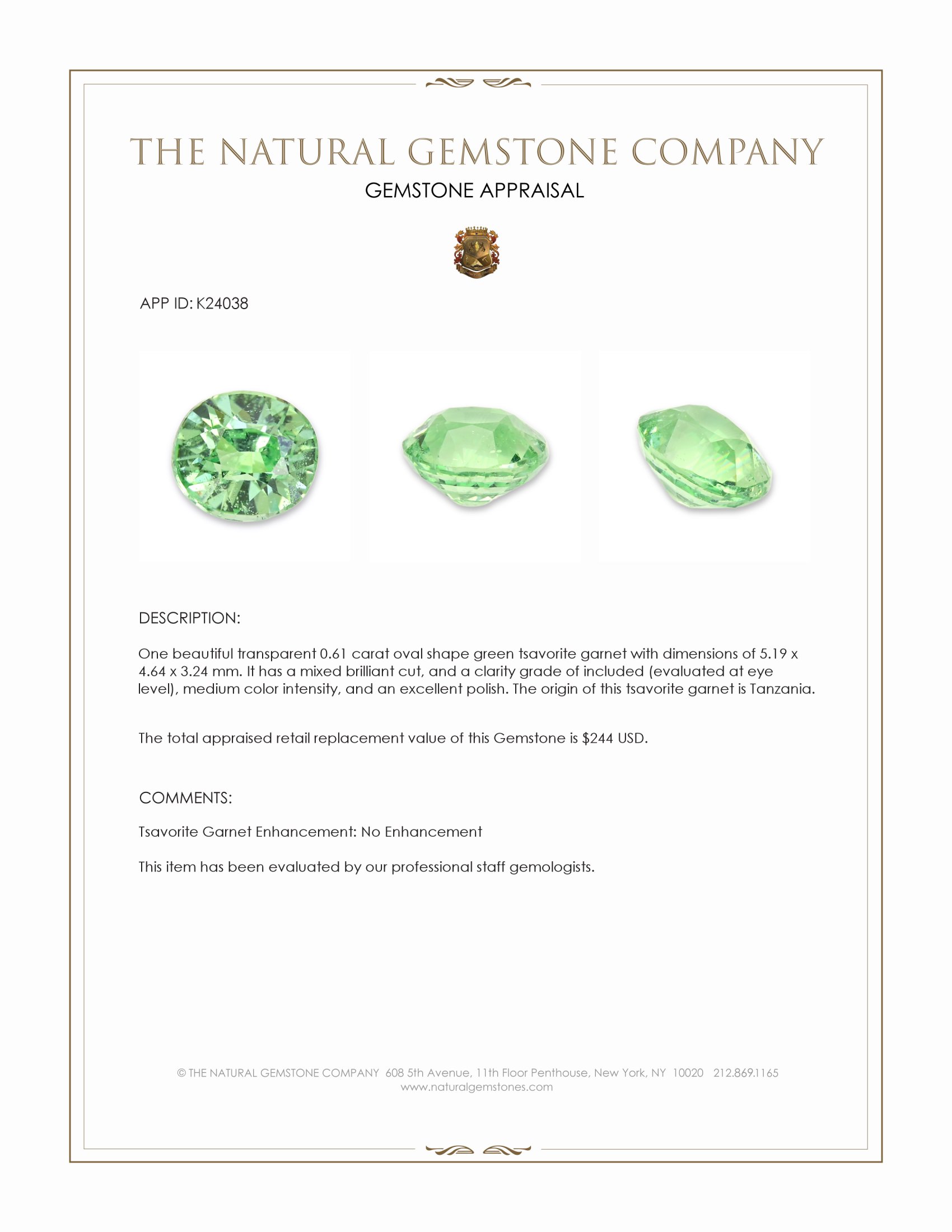 0.61 Ct. Tsavorite Garnet from Tanzania