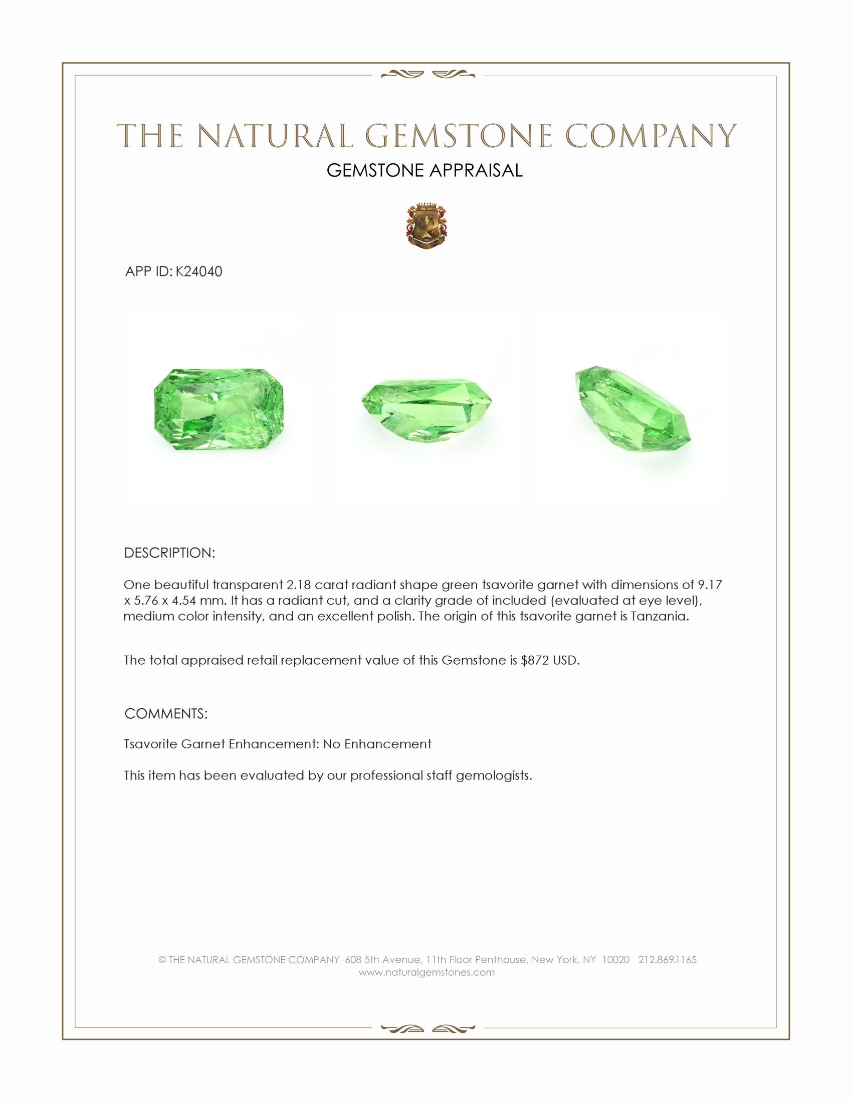 2.18 Ct. Tsavorite Garnet from Tanzania
