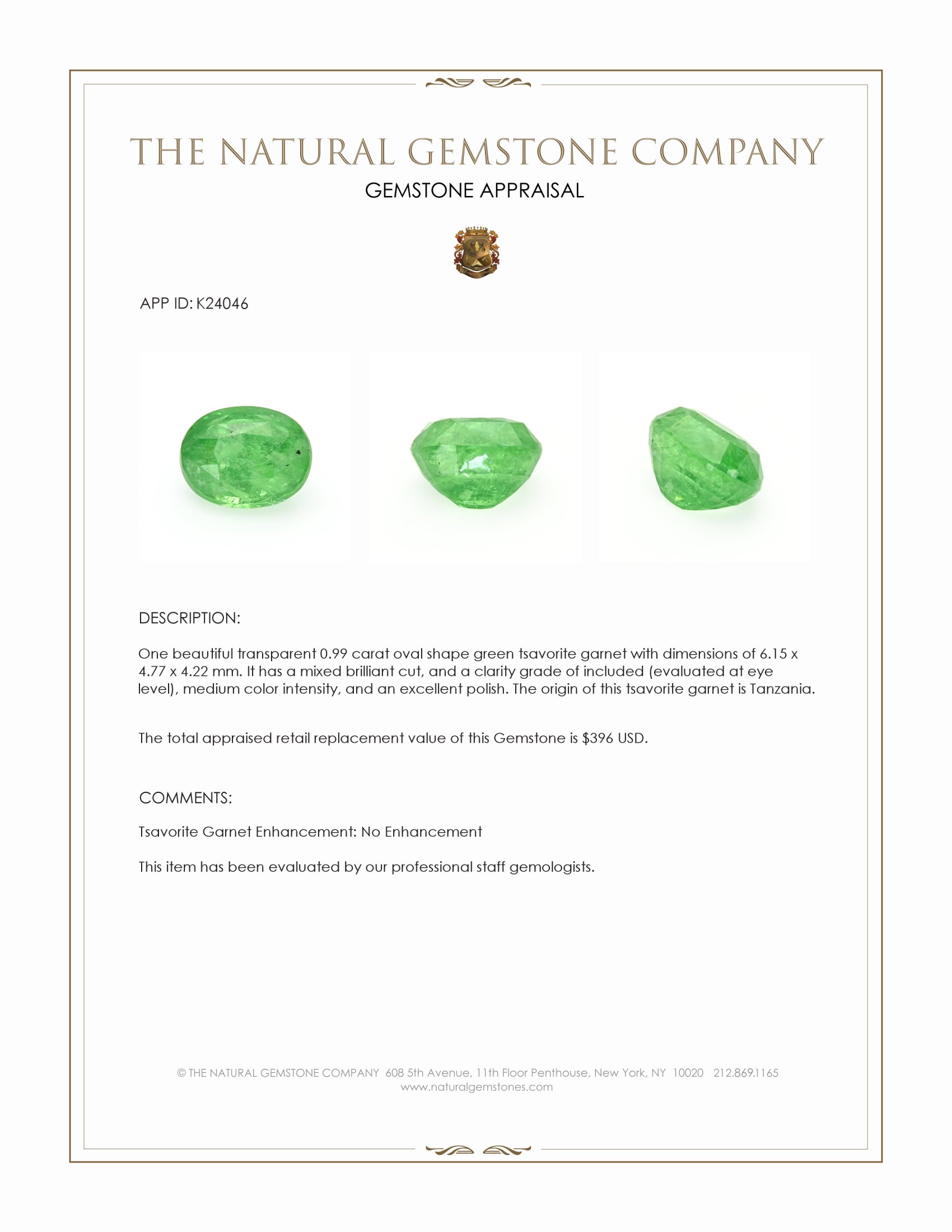 0.99 Ct. Tsavorite Garnet from Tanzania