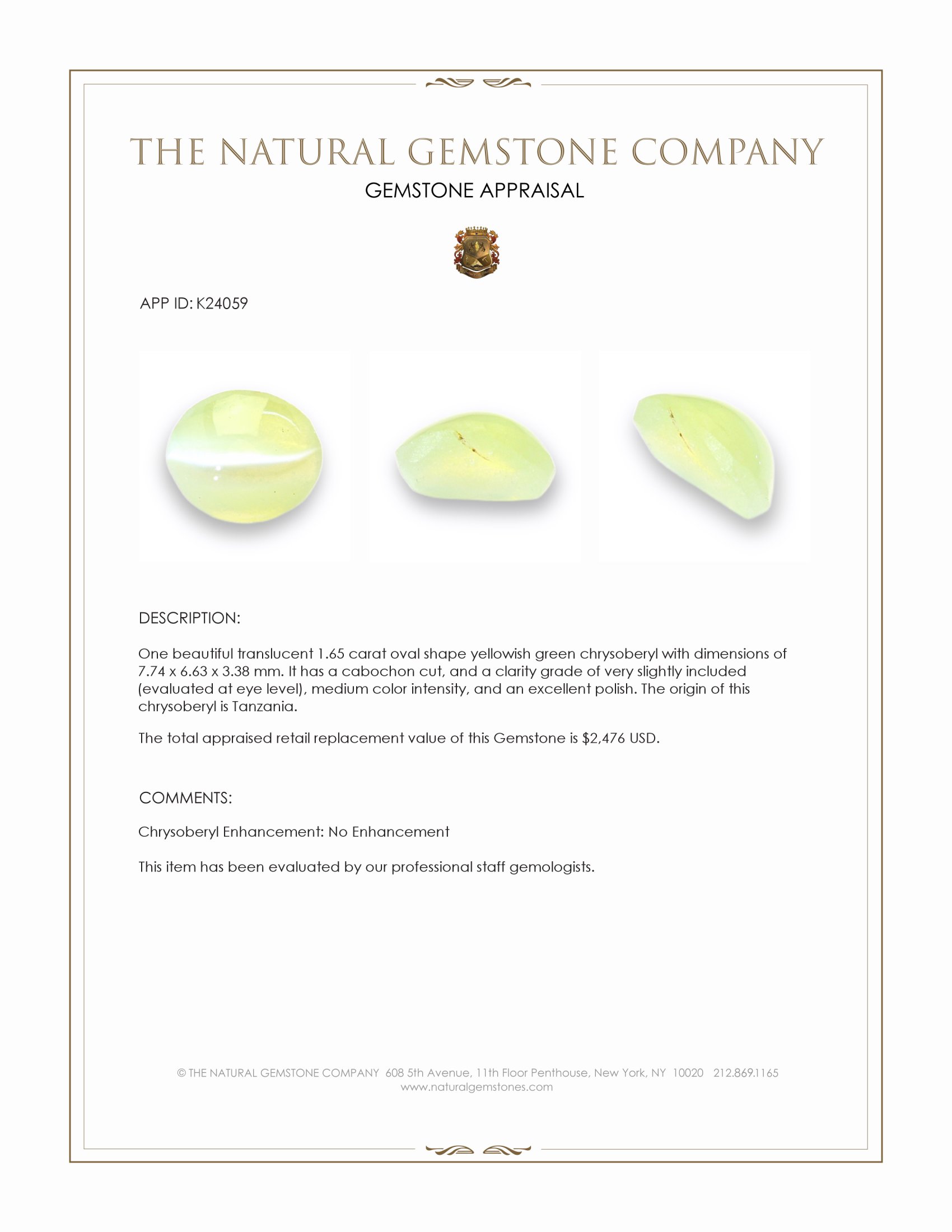 1.65 Ct. Yellowish Green Cabochon Chrysoberyl from Tanzania