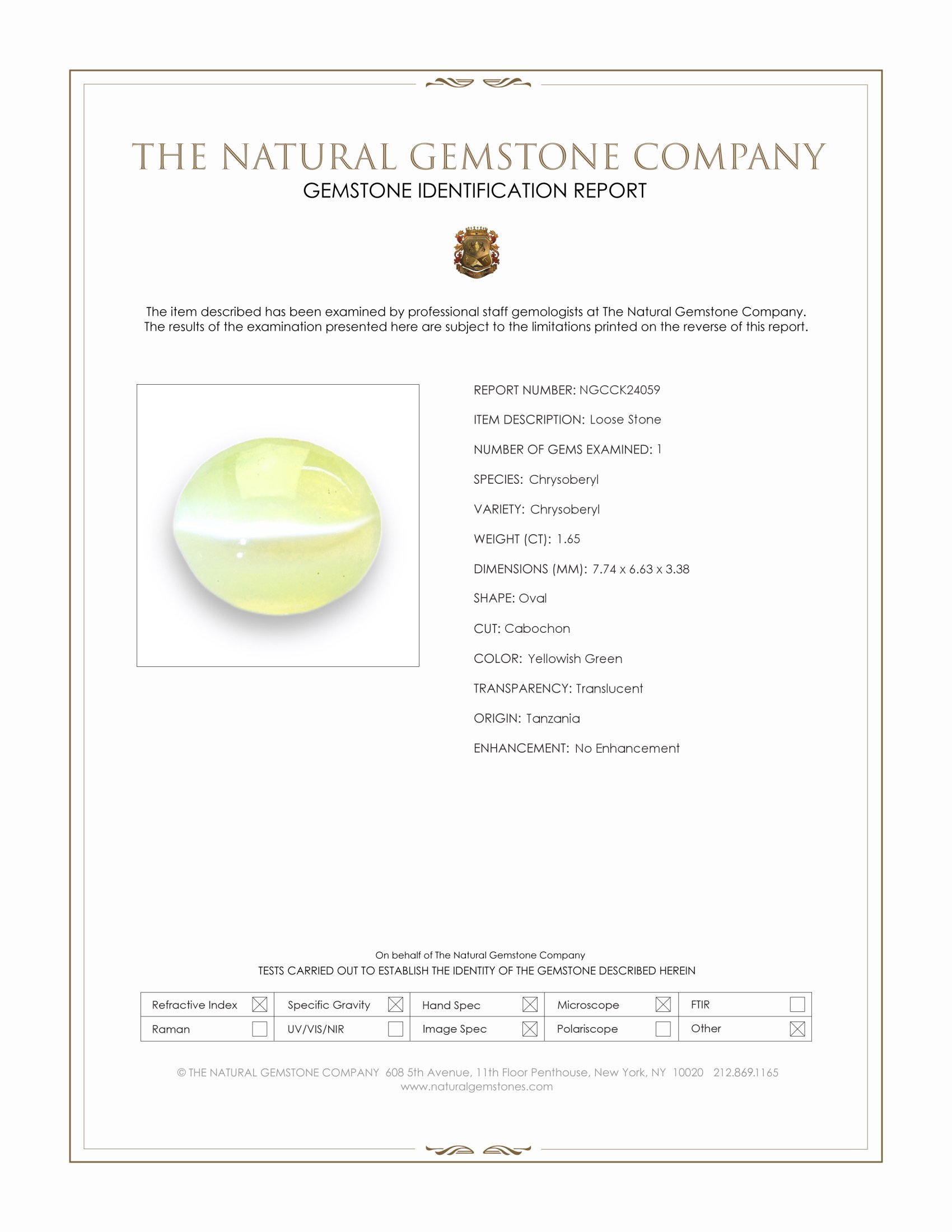 1.65 Ct. Yellowish Green Cabochon Chrysoberyl from Tanzania
