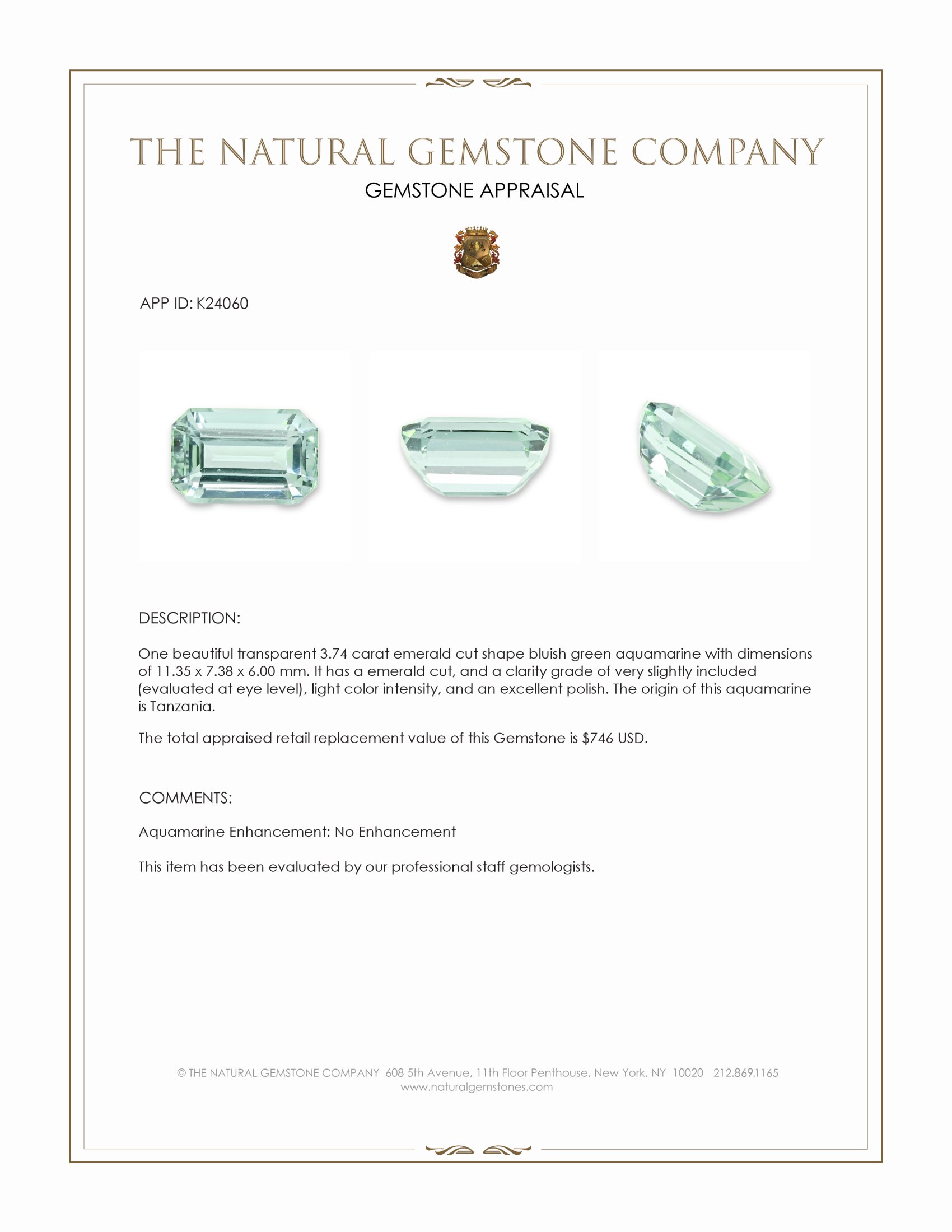 3.74 Ct. Bluish Green Aquamarine from Tanzania