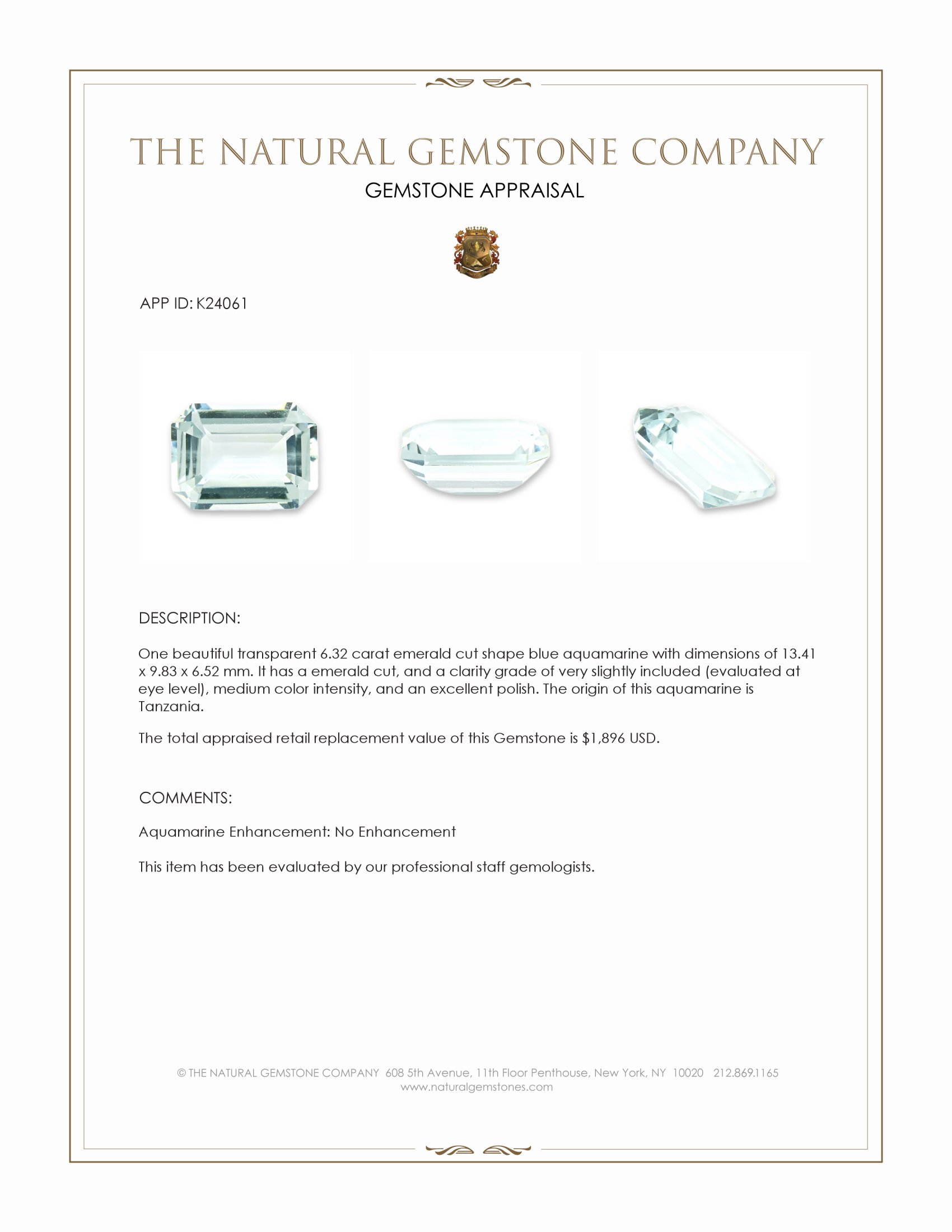 6.32 Ct. Blue Aquamarine from Tanzania