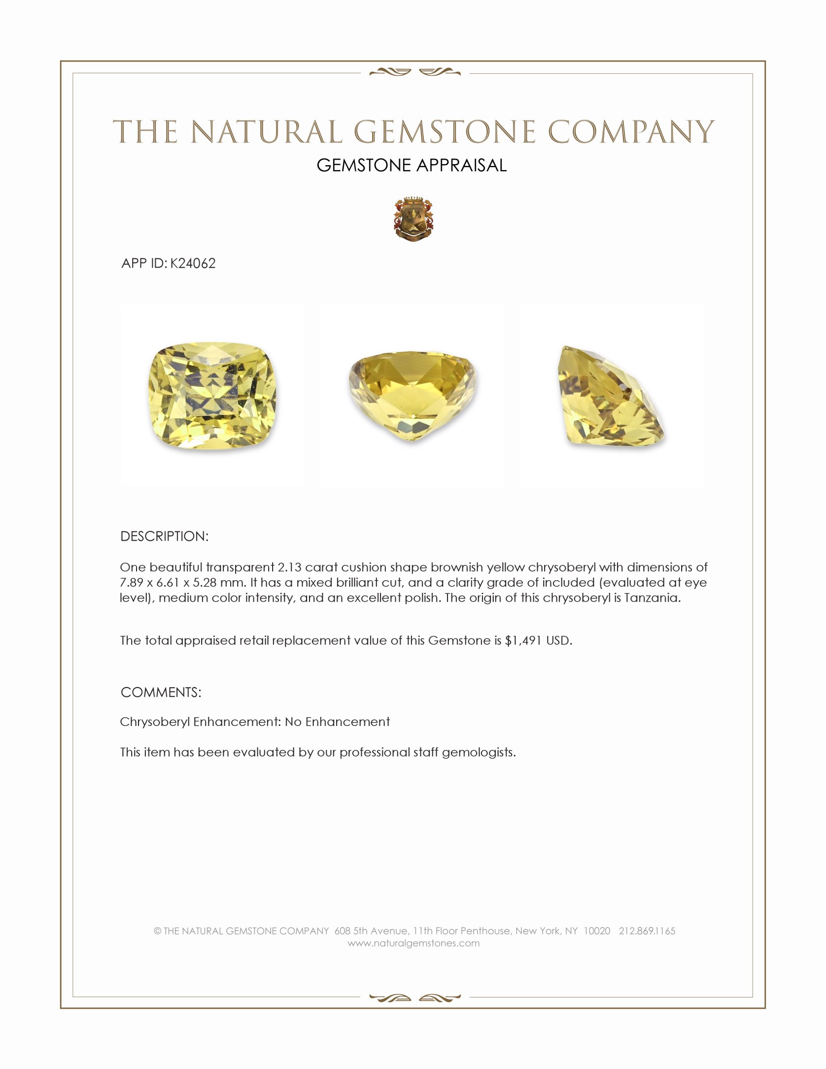 2.13 Ct. Brownish Yellow Chrysoberyl from Tanzania