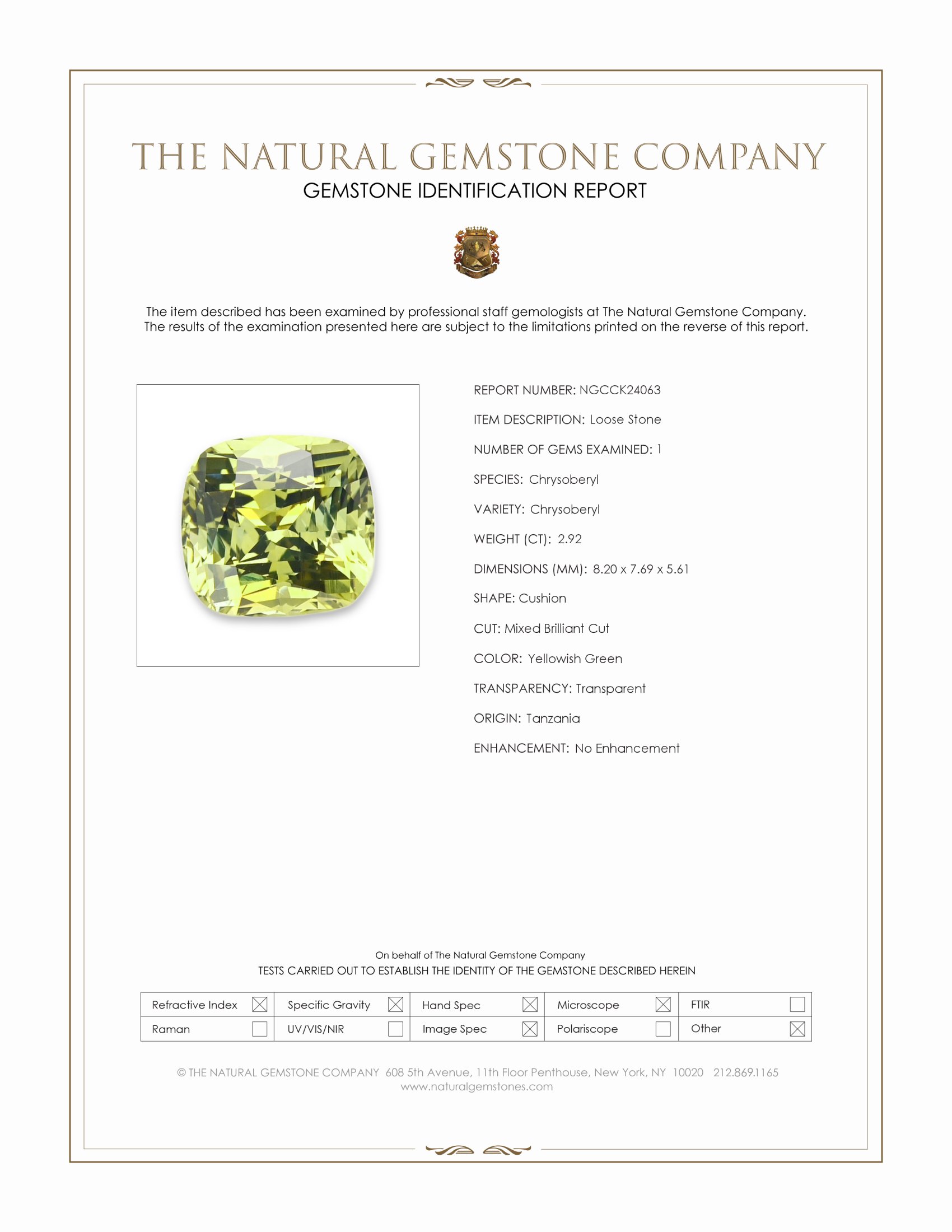 2.92 Ct. Yellowish Green Chrysoberyl from Tanzania