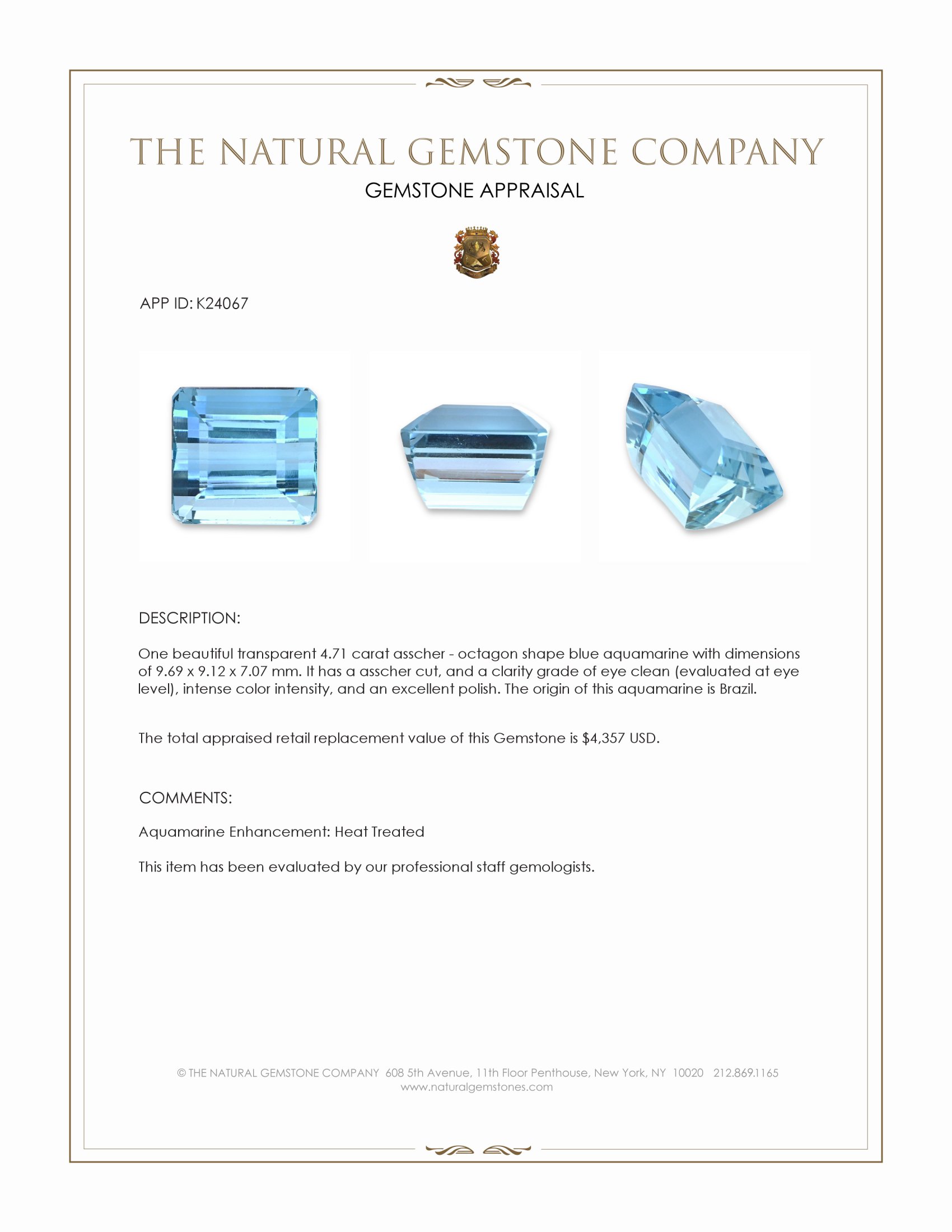 4.71 Ct. Blue Aquamarine from Brazil