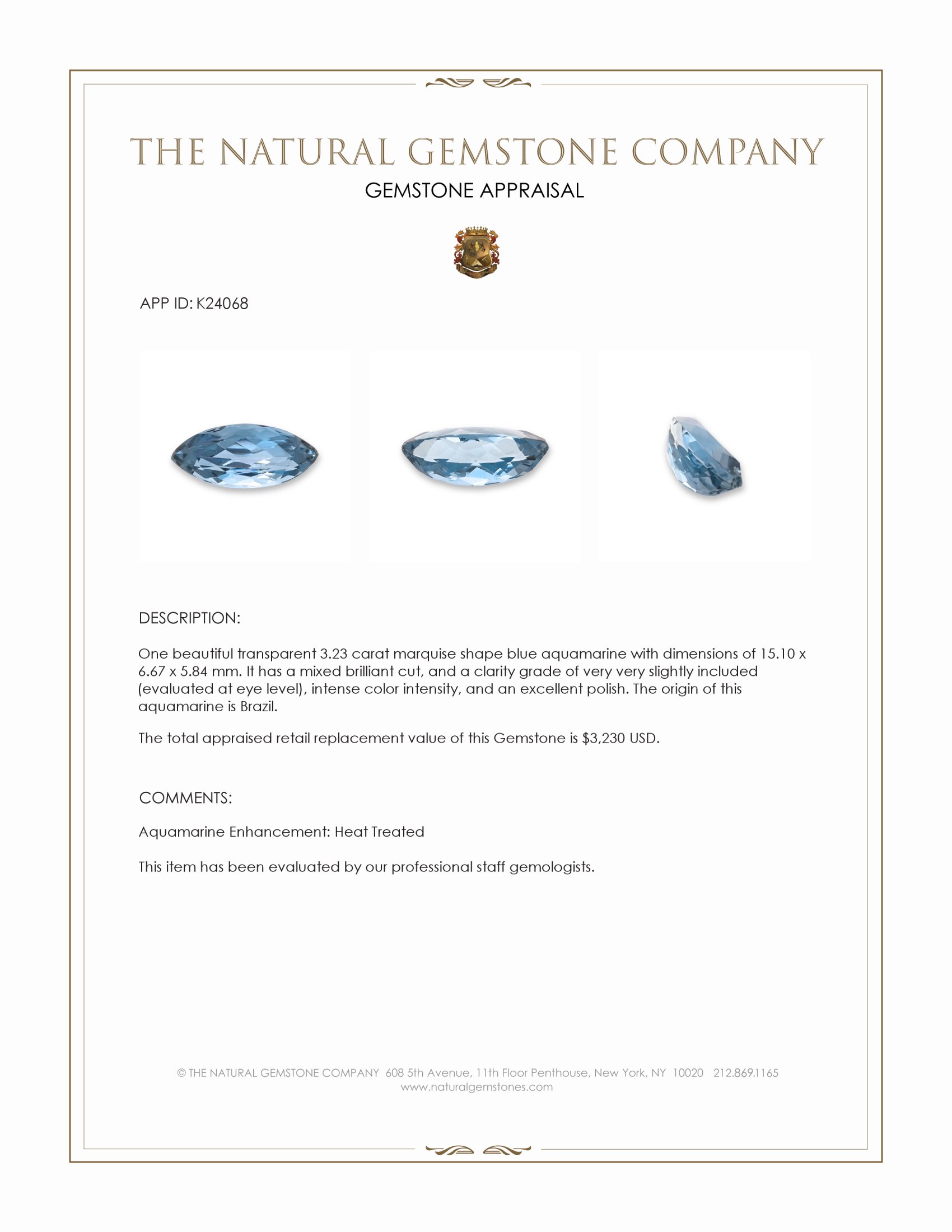 3.23 Ct. Blue Aquamarine from Brazil