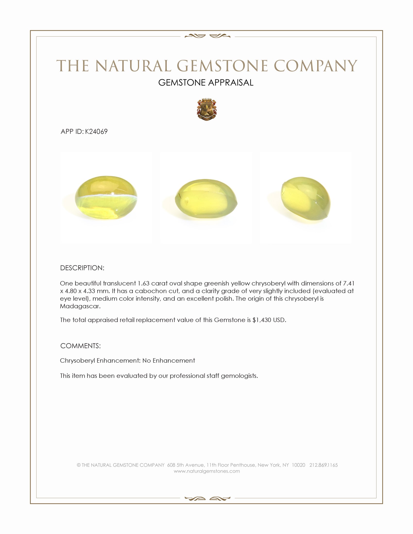 1.63 Ct. Greenish Yellow Cabochon Chrysoberyl from Madagascar