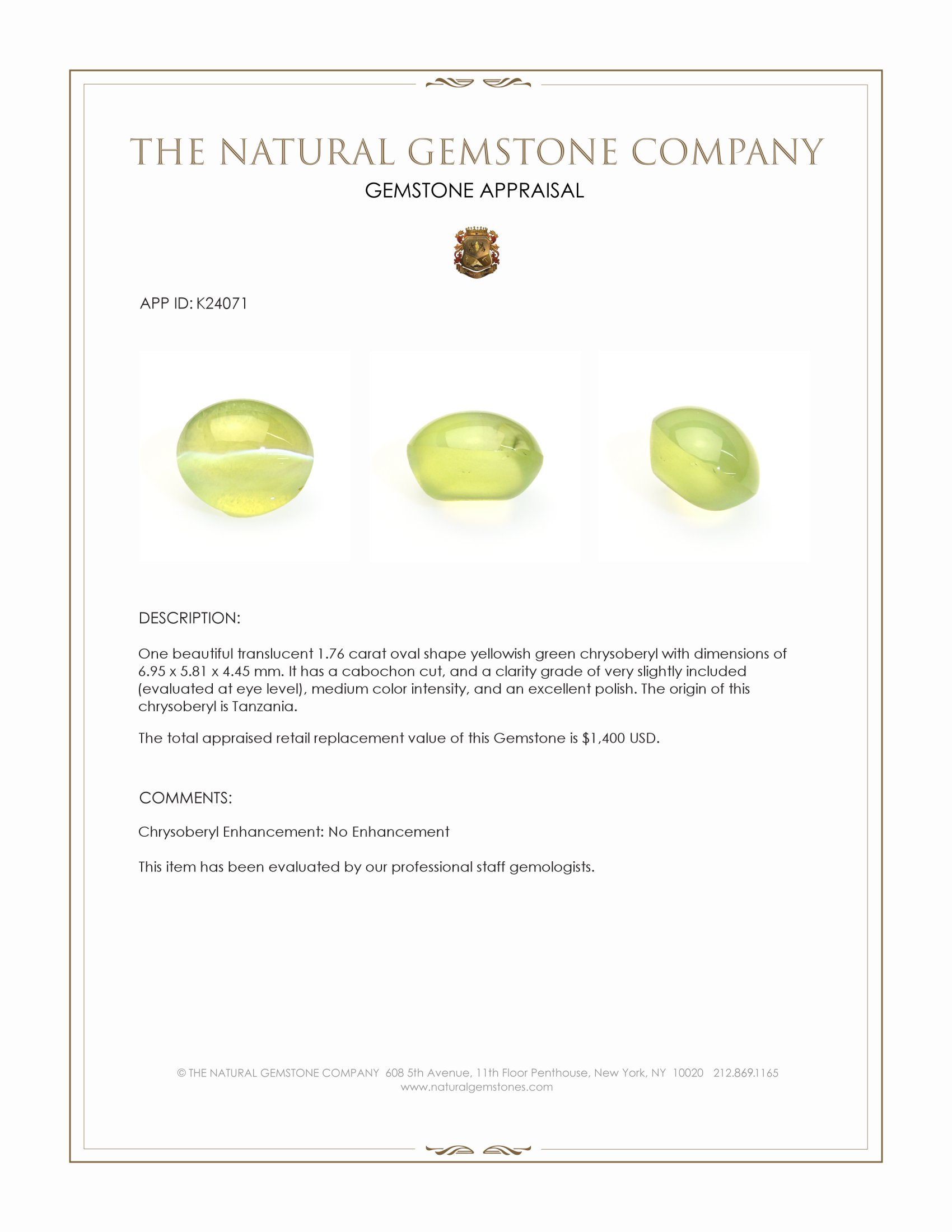 1.76 Ct. Yellowish Green Cabochon Chrysoberyl from Tanzania