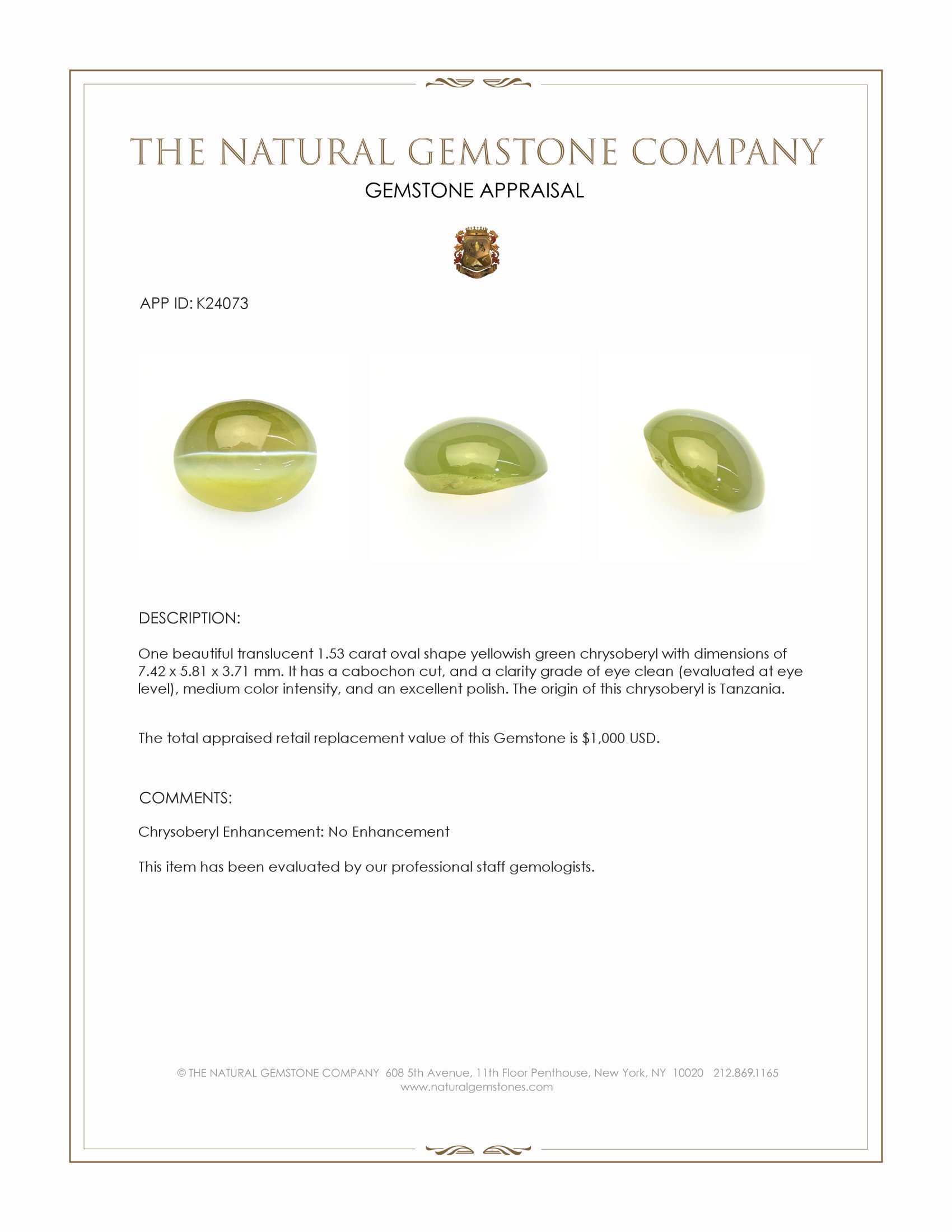 1.53 Ct. Yellowish Green Cabochon Chrysoberyl from Tanzania