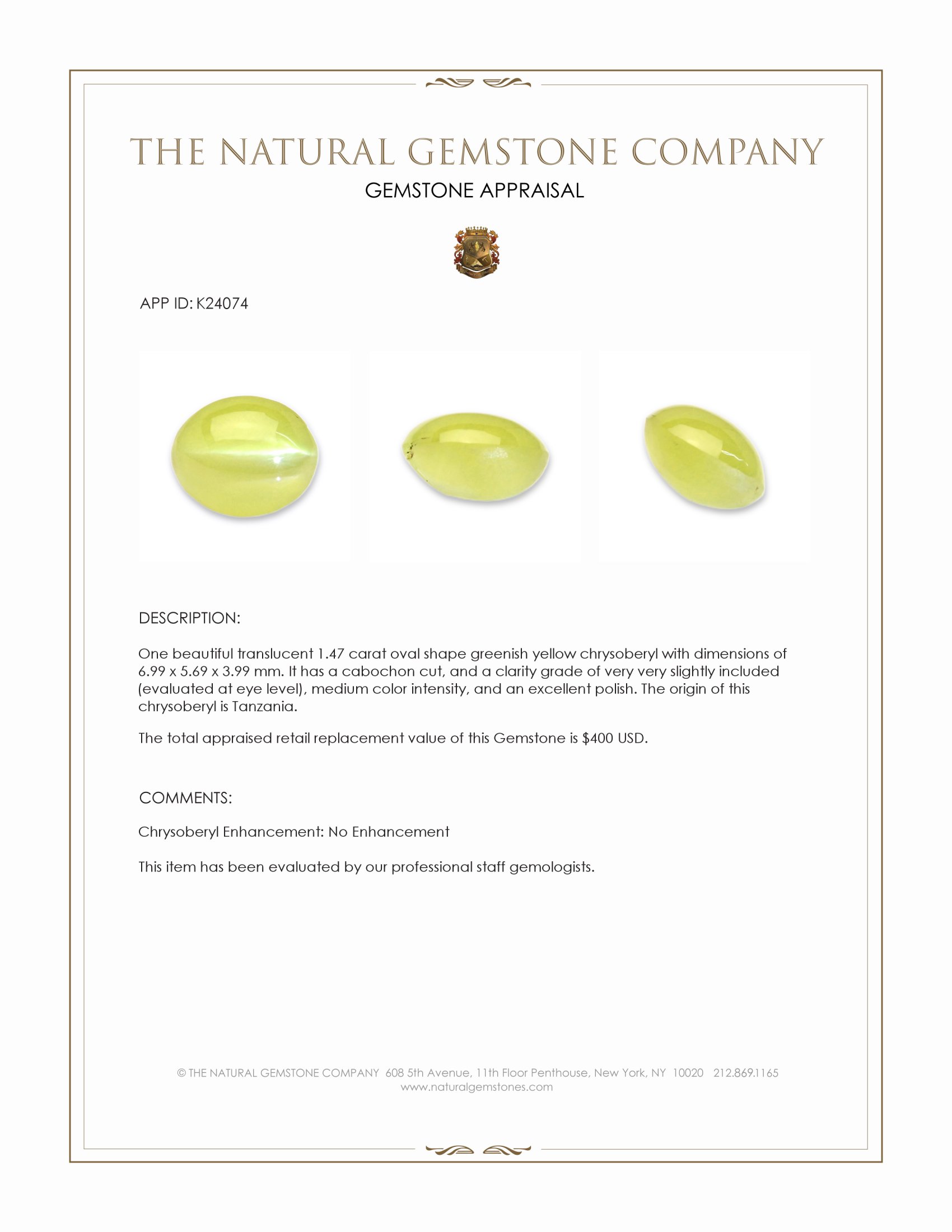 1.47 Ct. Greenish Yellow Cabochon Chrysoberyl from Tanzania