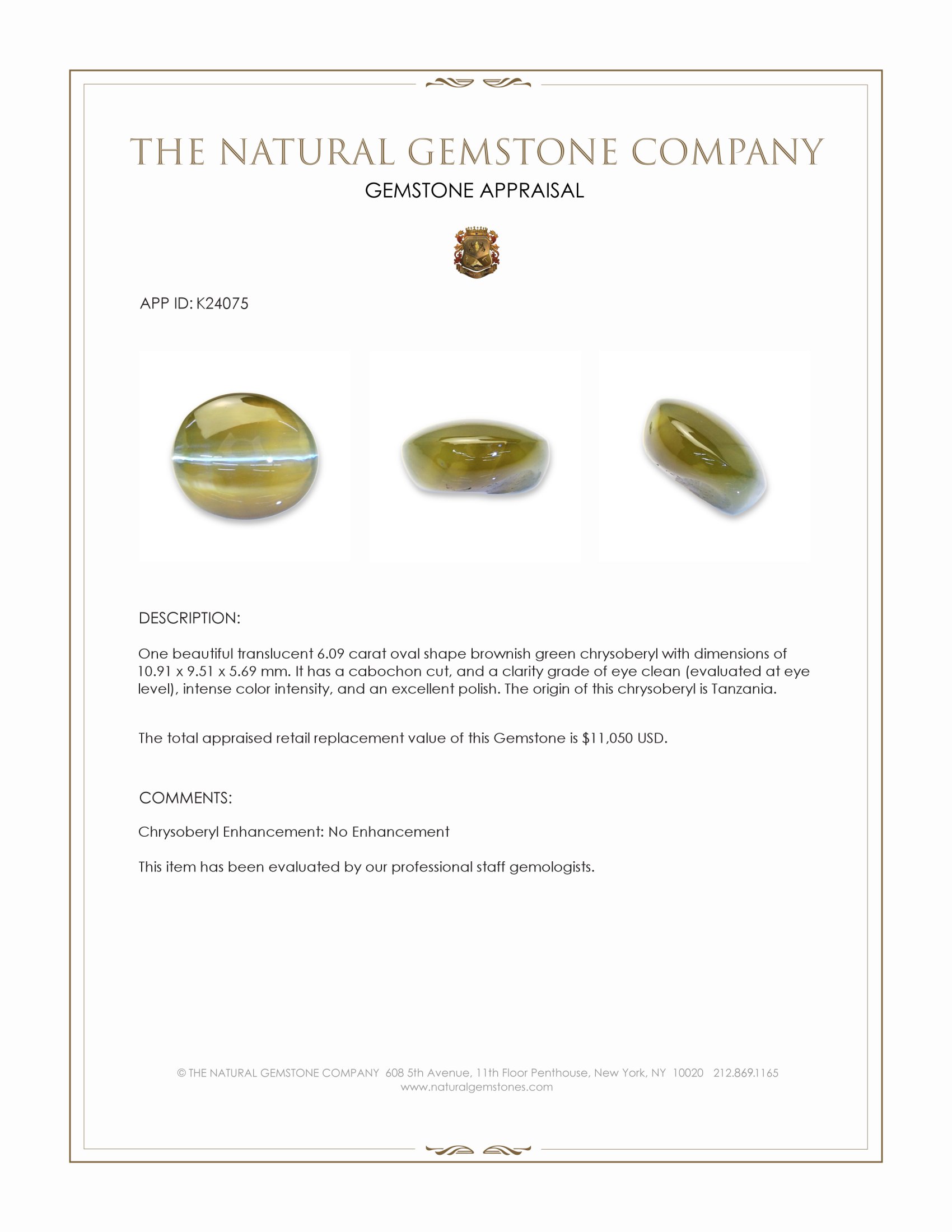 6.09 Ct. Brownish Green Cabochon Chrysoberyl from Tanzania