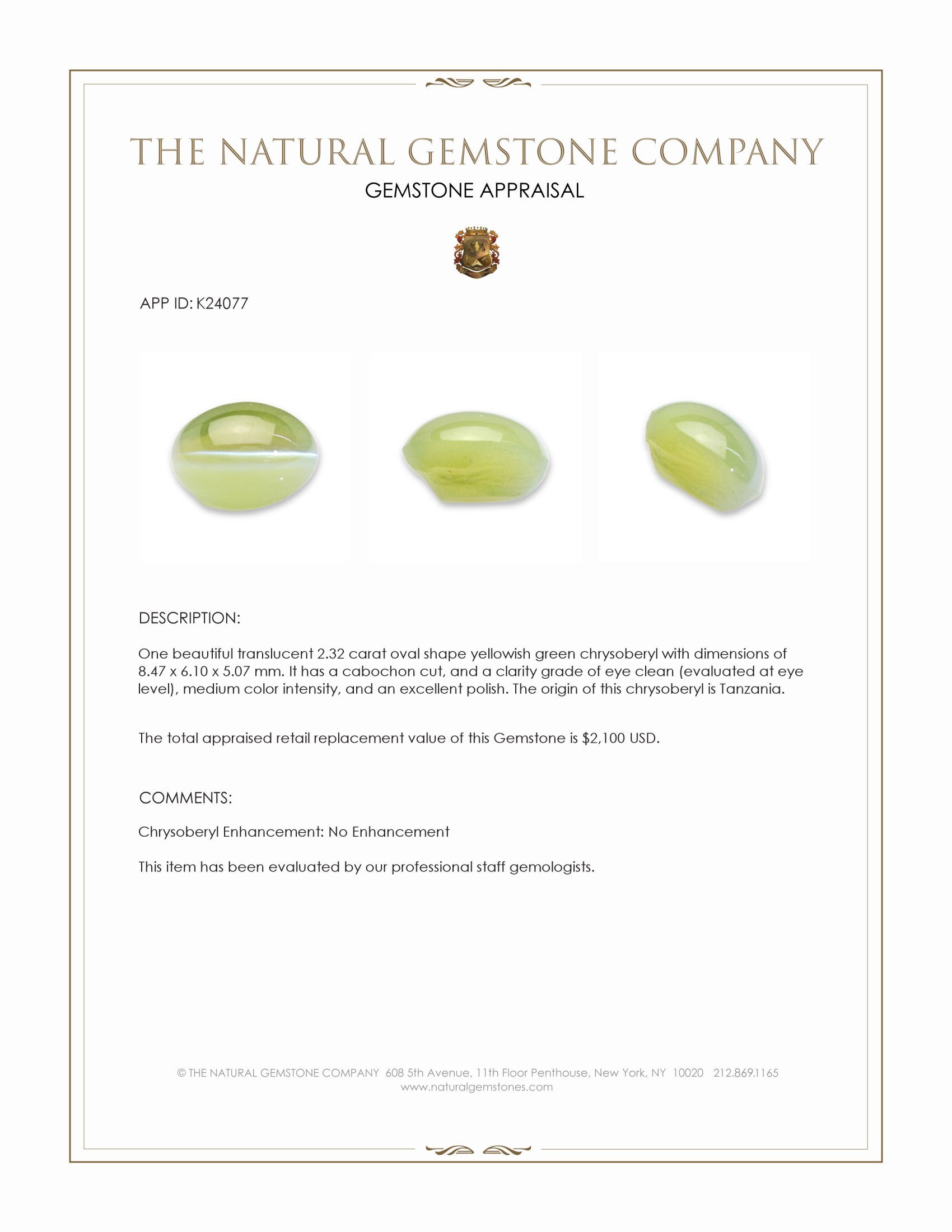 2.32 Ct. Yellowish Green Cabochon Chrysoberyl from Tanzania