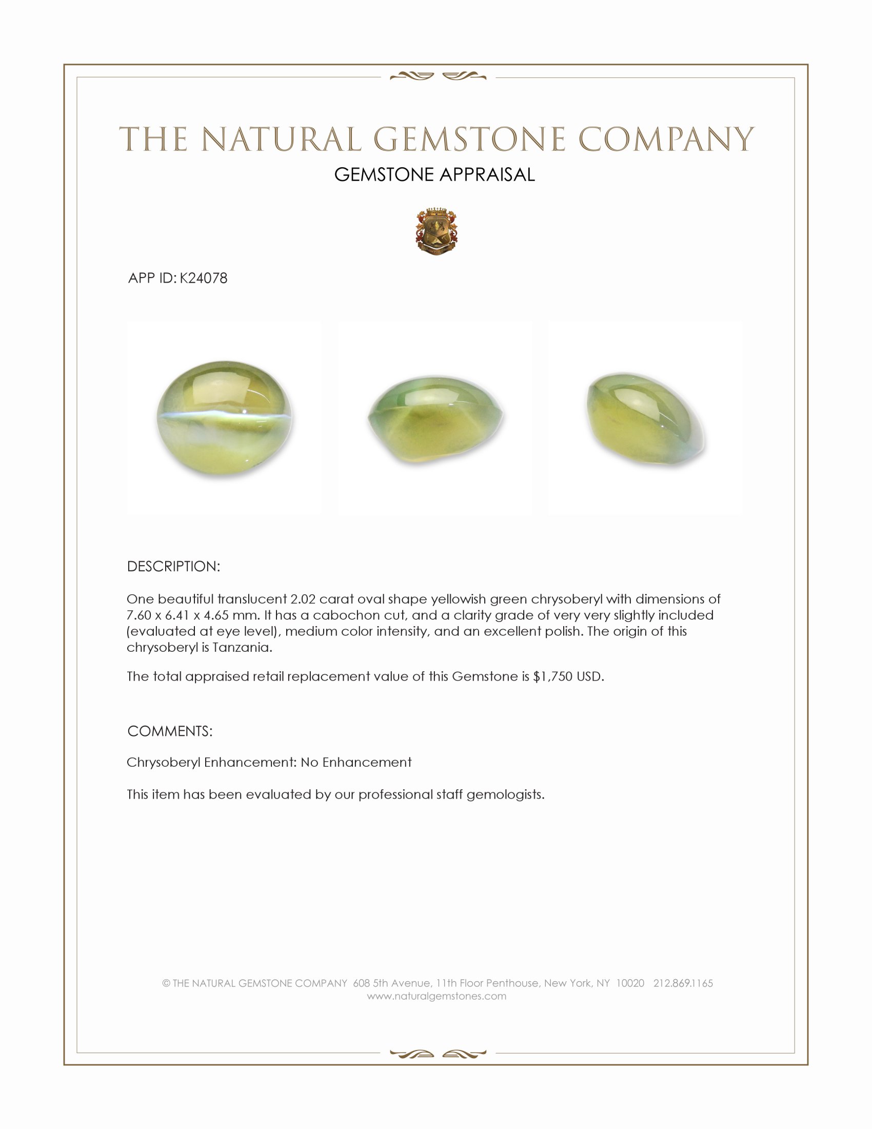 2.02 Ct. Yellowish Green Cabochon Chrysoberyl from Tanzania