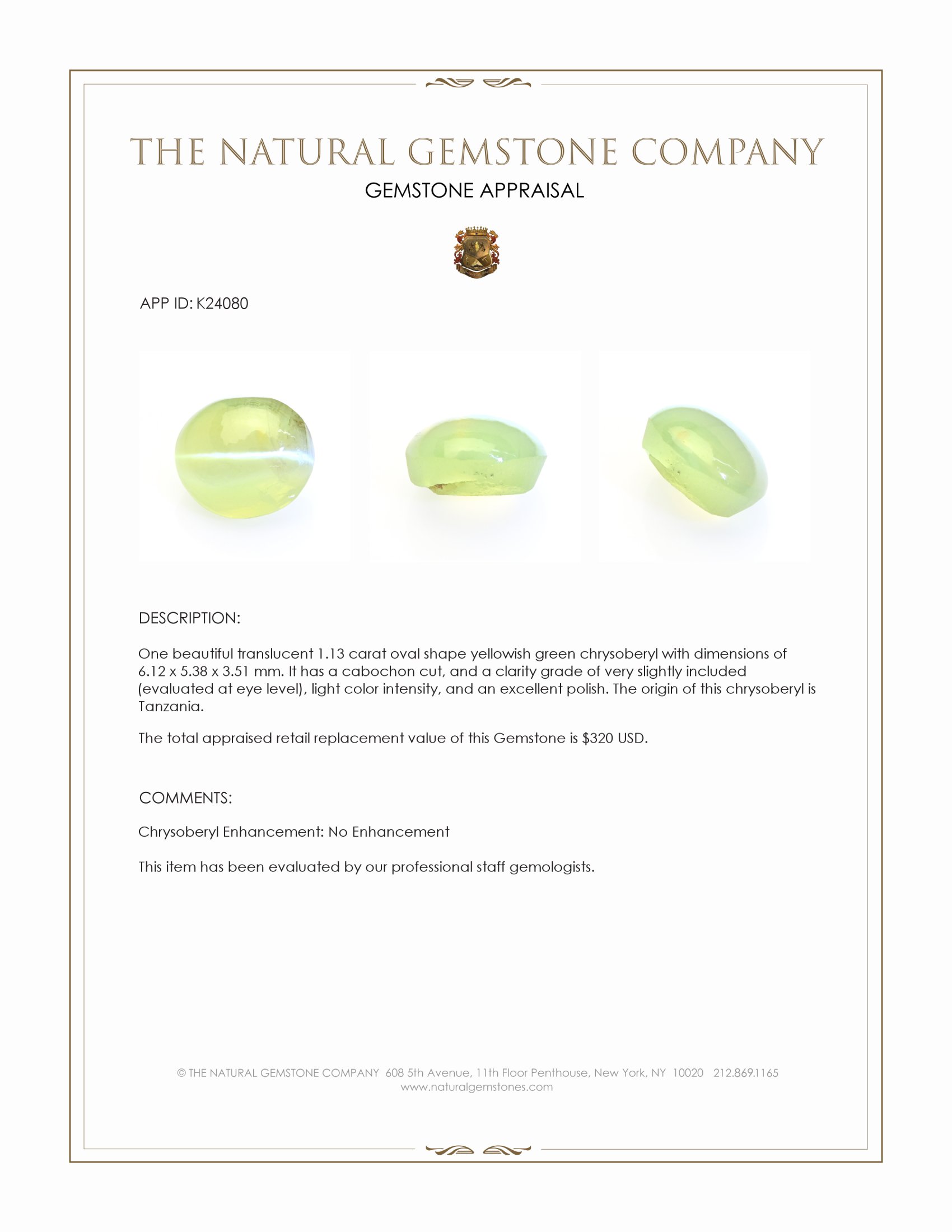 1.13 Ct. Yellowish Green Cabochon Chrysoberyl from Tanzania